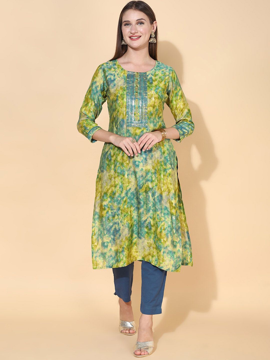 FASHOR Women Green Printed &  Embroidered Straight Fit Kurta Price in India