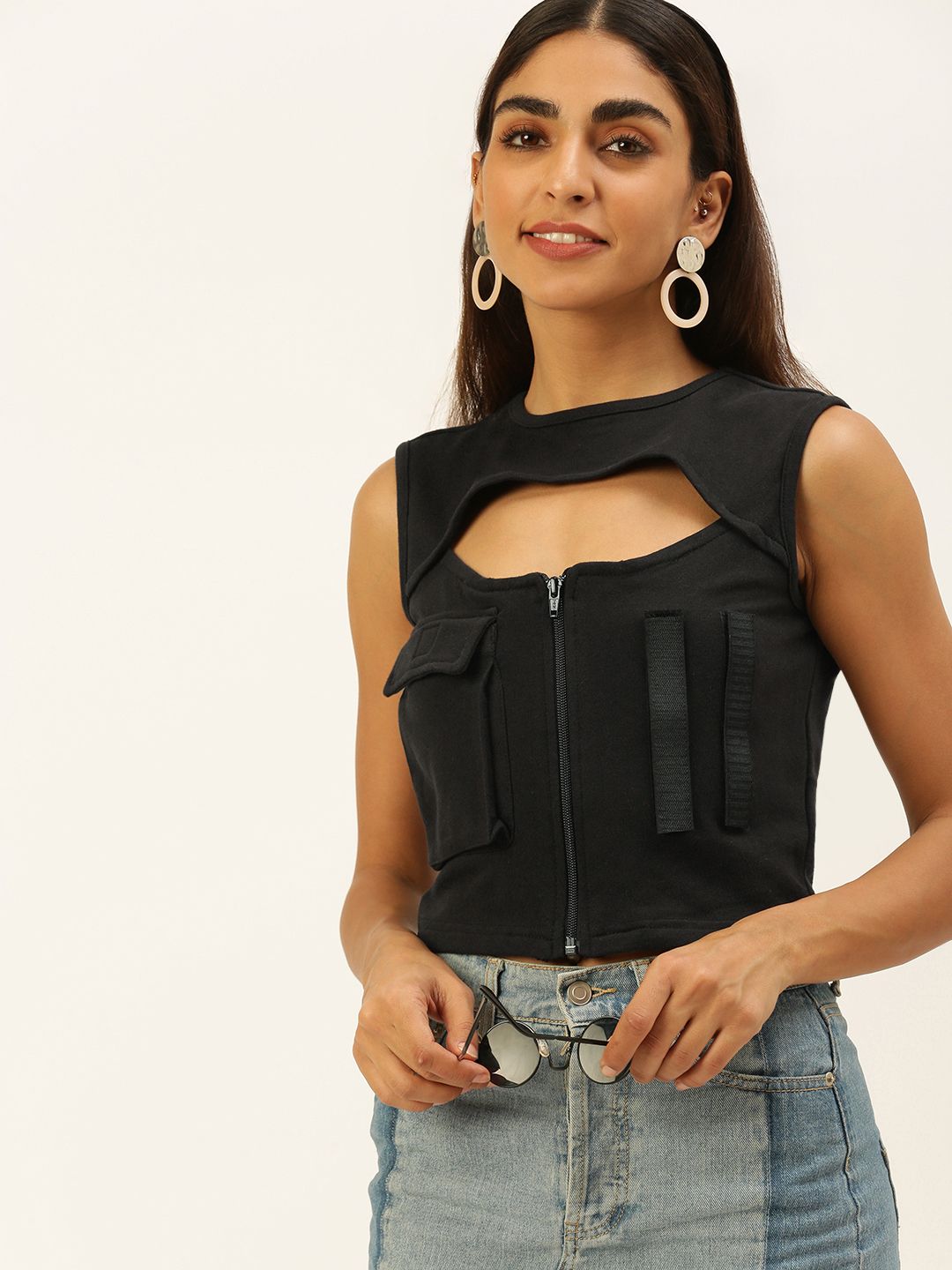 FOREVER 21 Women Black Solid Cut Out Front Open Top Price in India