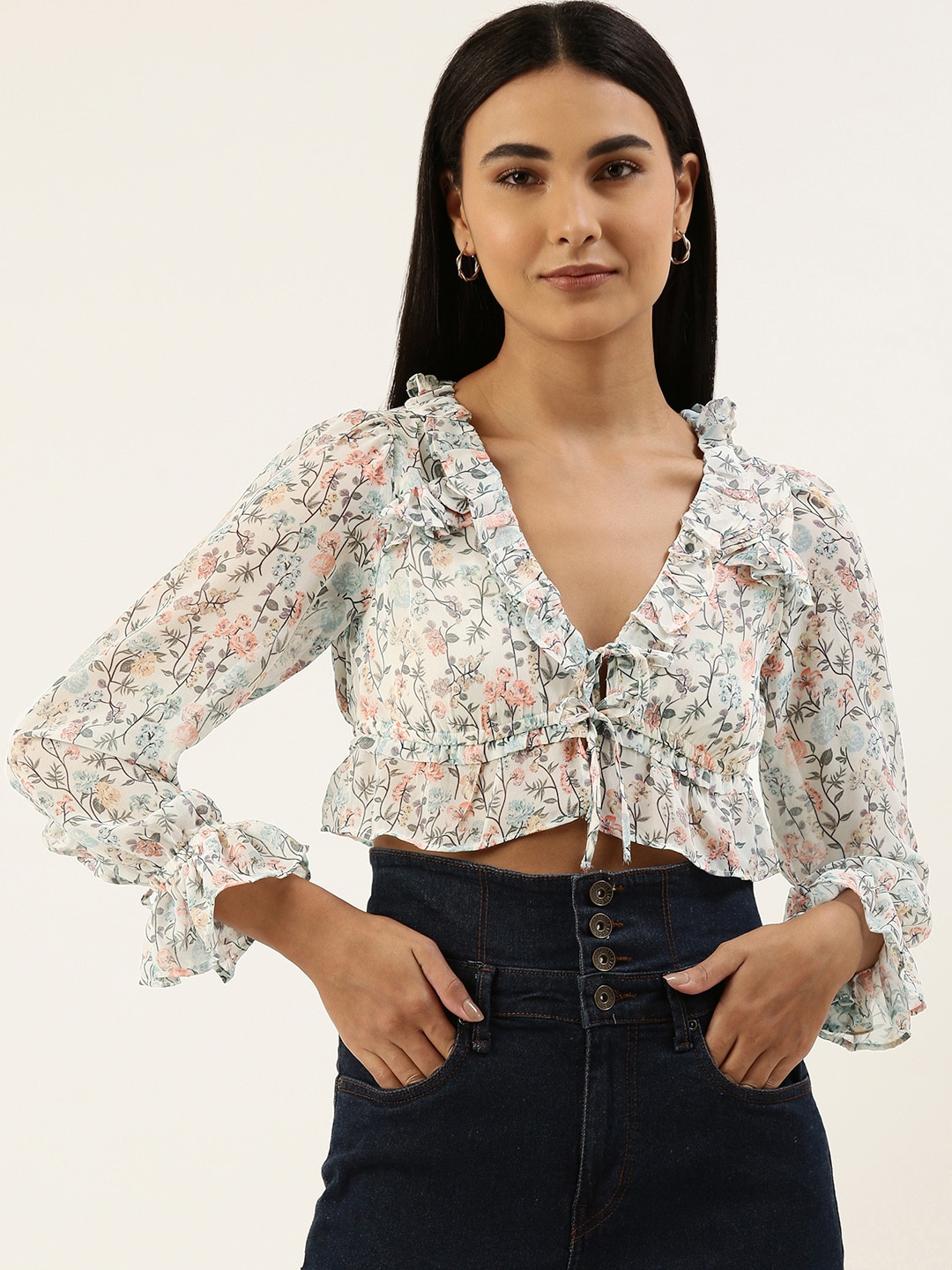 FOREVER 21 White & Grey Floral Print Ruffles Empire Crop Top Price in India