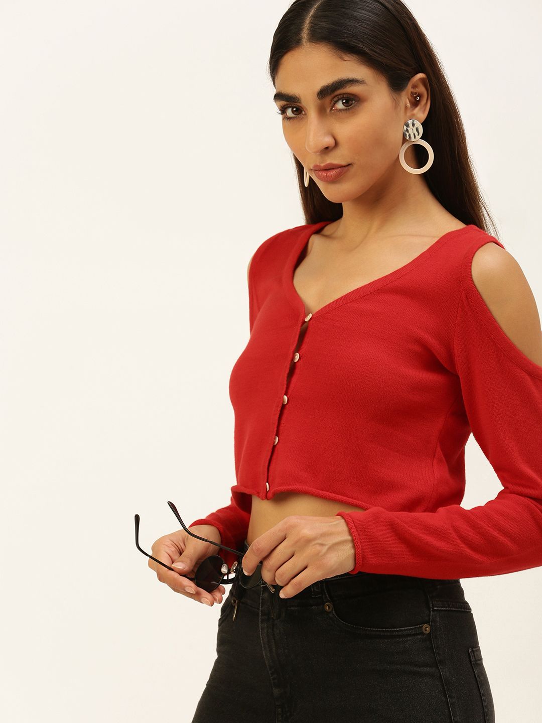 FOREVER 21 Women Red Pure Cotton Cold-Shoulder Sleeves Crop Top Price in India