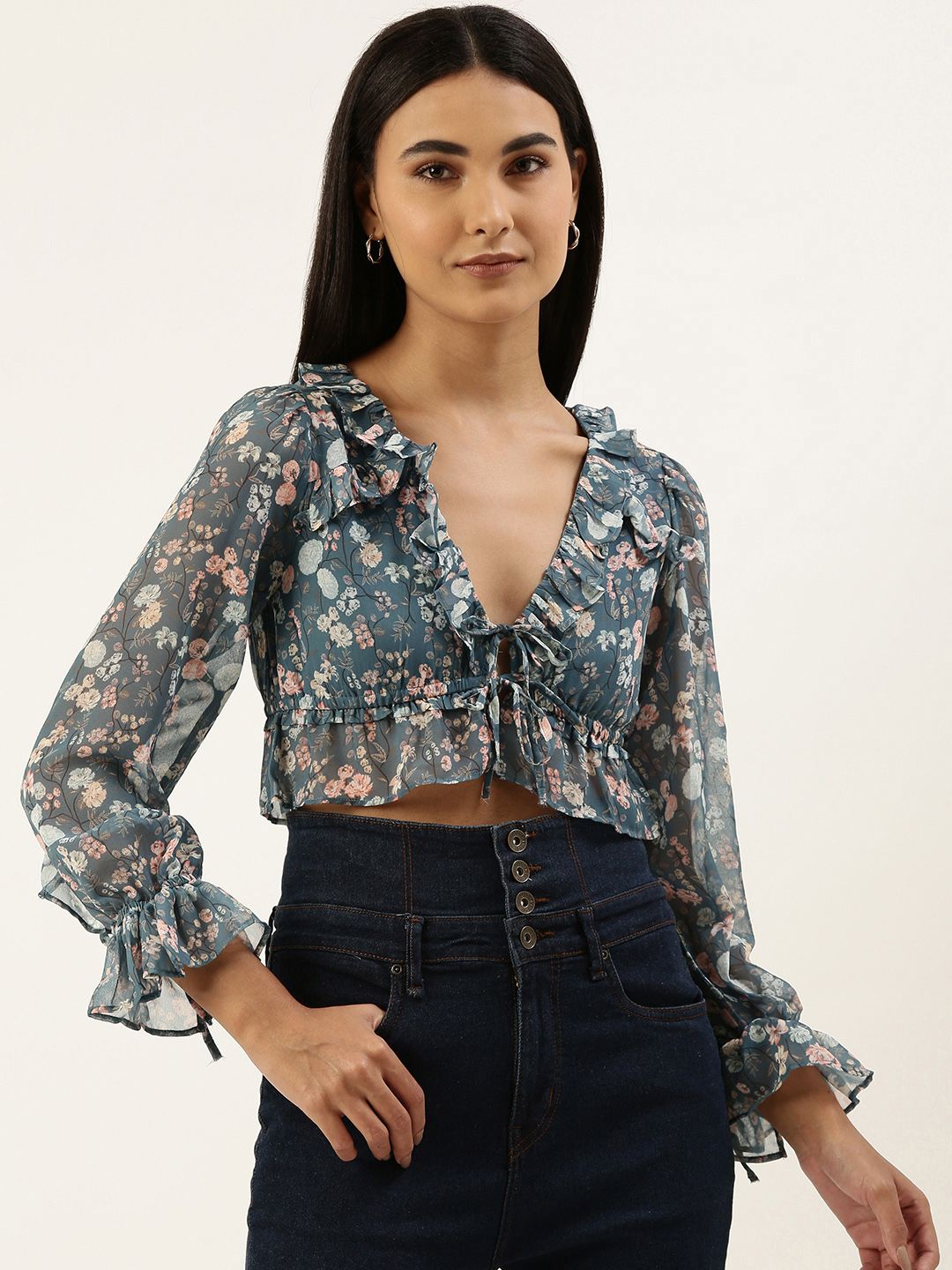 FOREVER 21 Navy Blue & Pink Floral Print Ruffles Empire Crop Top Price in India