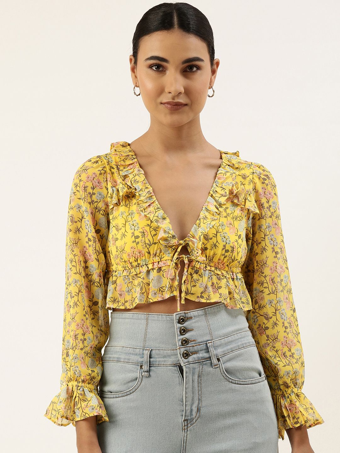 FOREVER 21 Yellow & Pink Floral Print Ruffles Empire Crop Top Price in India