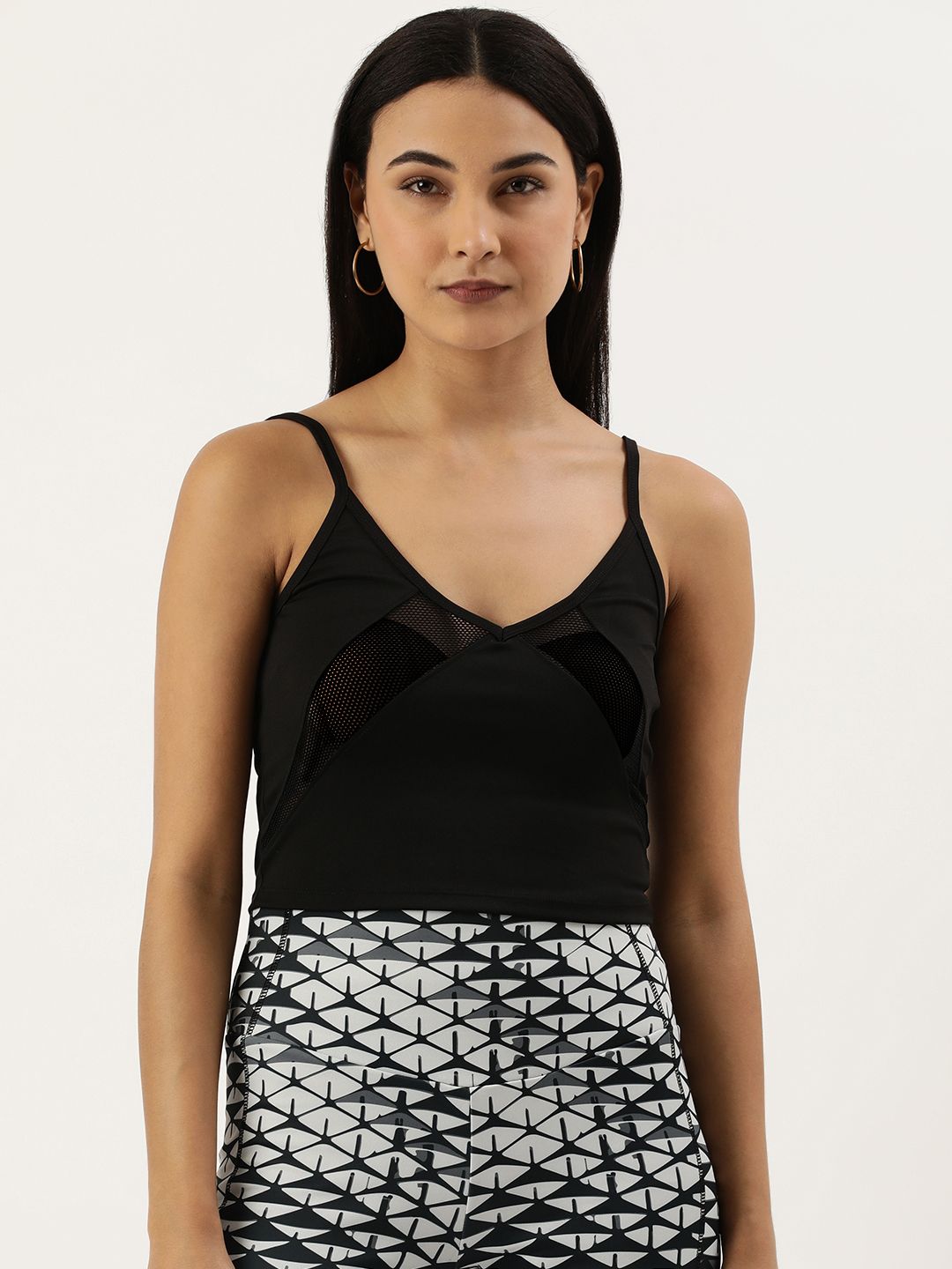 FOREVER 21 Solid Deep-Beck Sleeveless Top With Mesh Detail Price in India