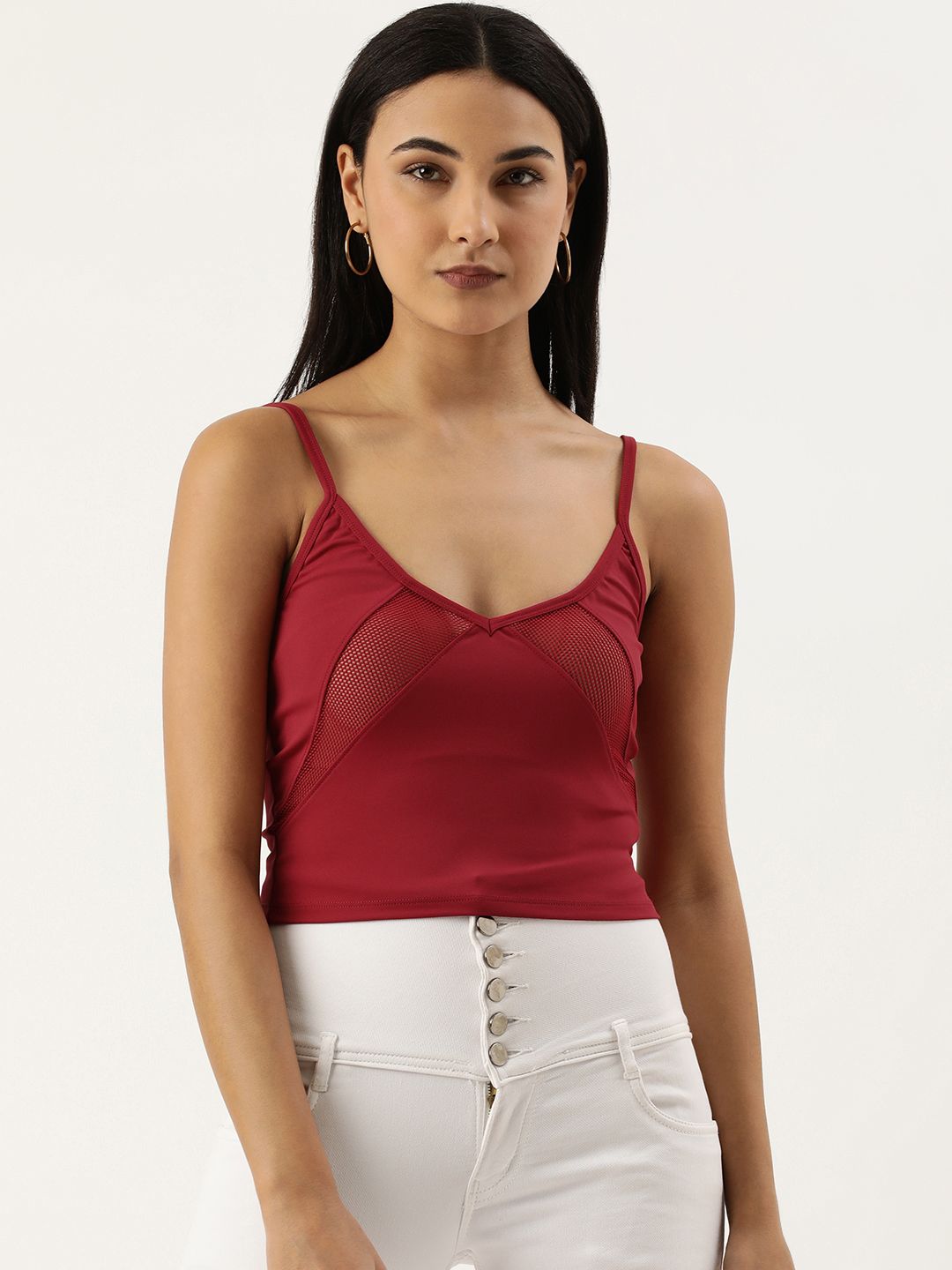 FOREVER 21 Solid Deep-Beck Sleeveless Top With Mesh Detail Price in India