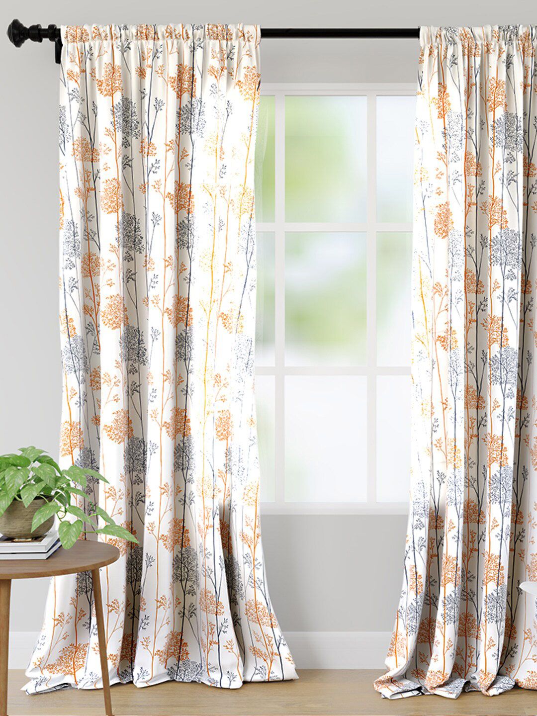 Encasa Homes Orange & White Set of 2 Floral Door Curtain Price in India