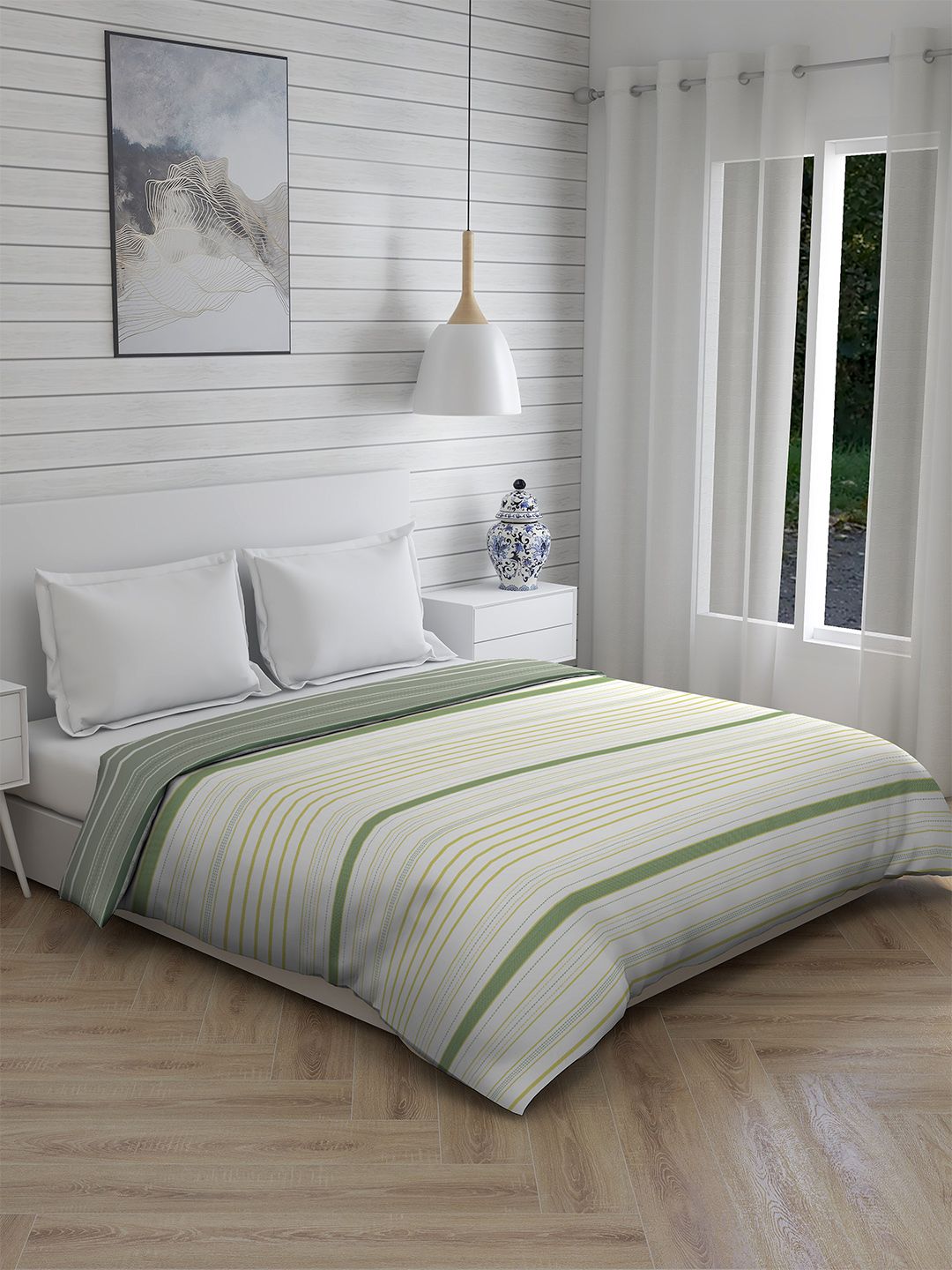 Boutique Living India Green & White Striped Mild Winter 120 GSM Double Bed Comforter Price in India