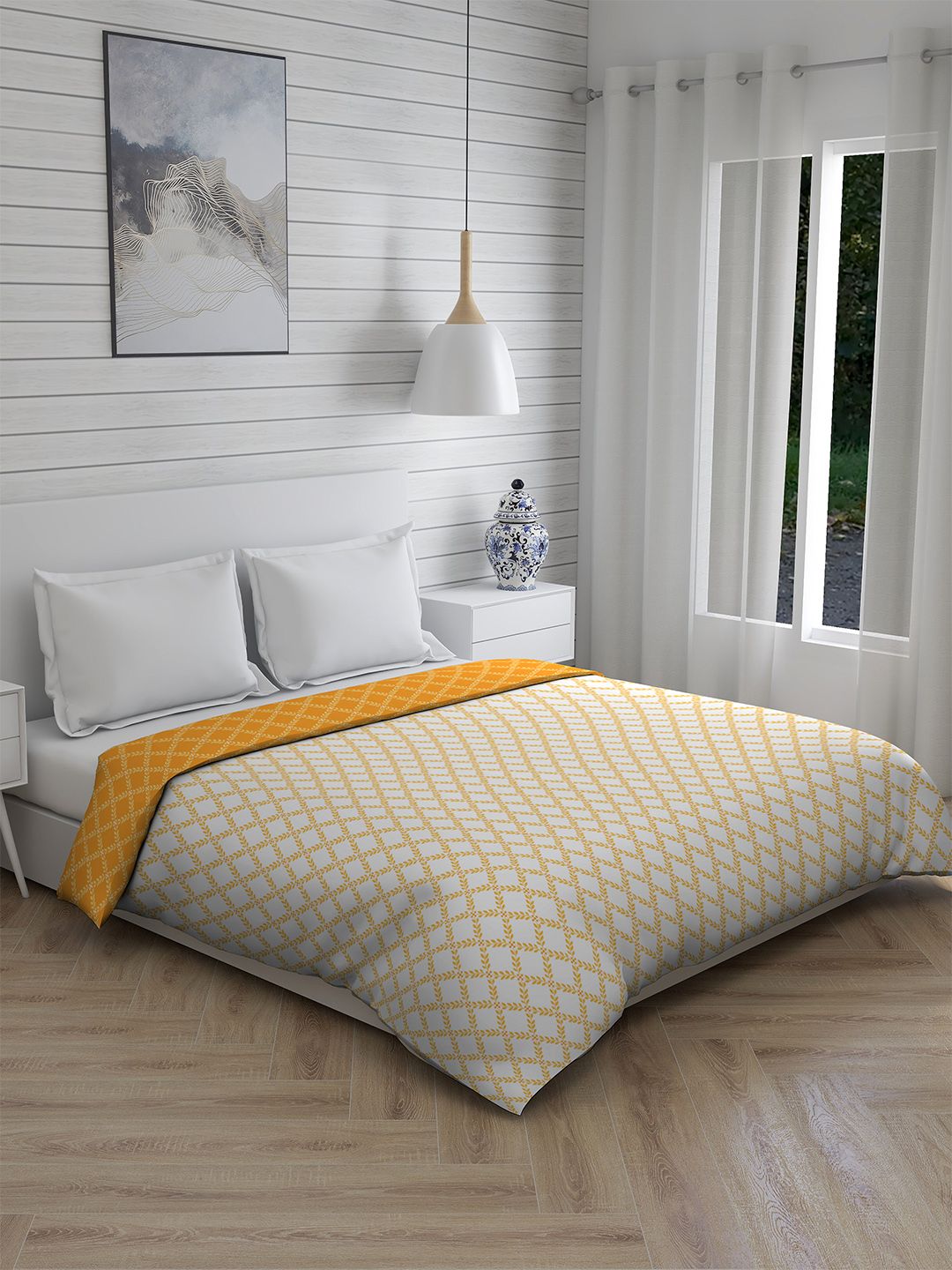 Boutique Living India Yellow & White Geometric Mild Winter 120 GSM Double Bed Comforter Price in India
