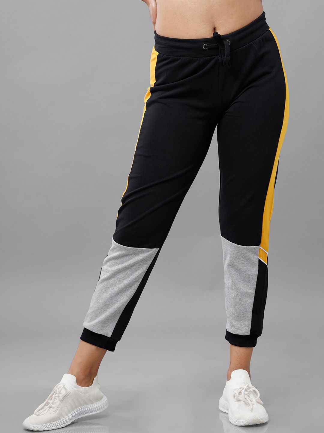 De Moza Women Black & Grey Colourblocked Pure Cotton Track Pants Price in India