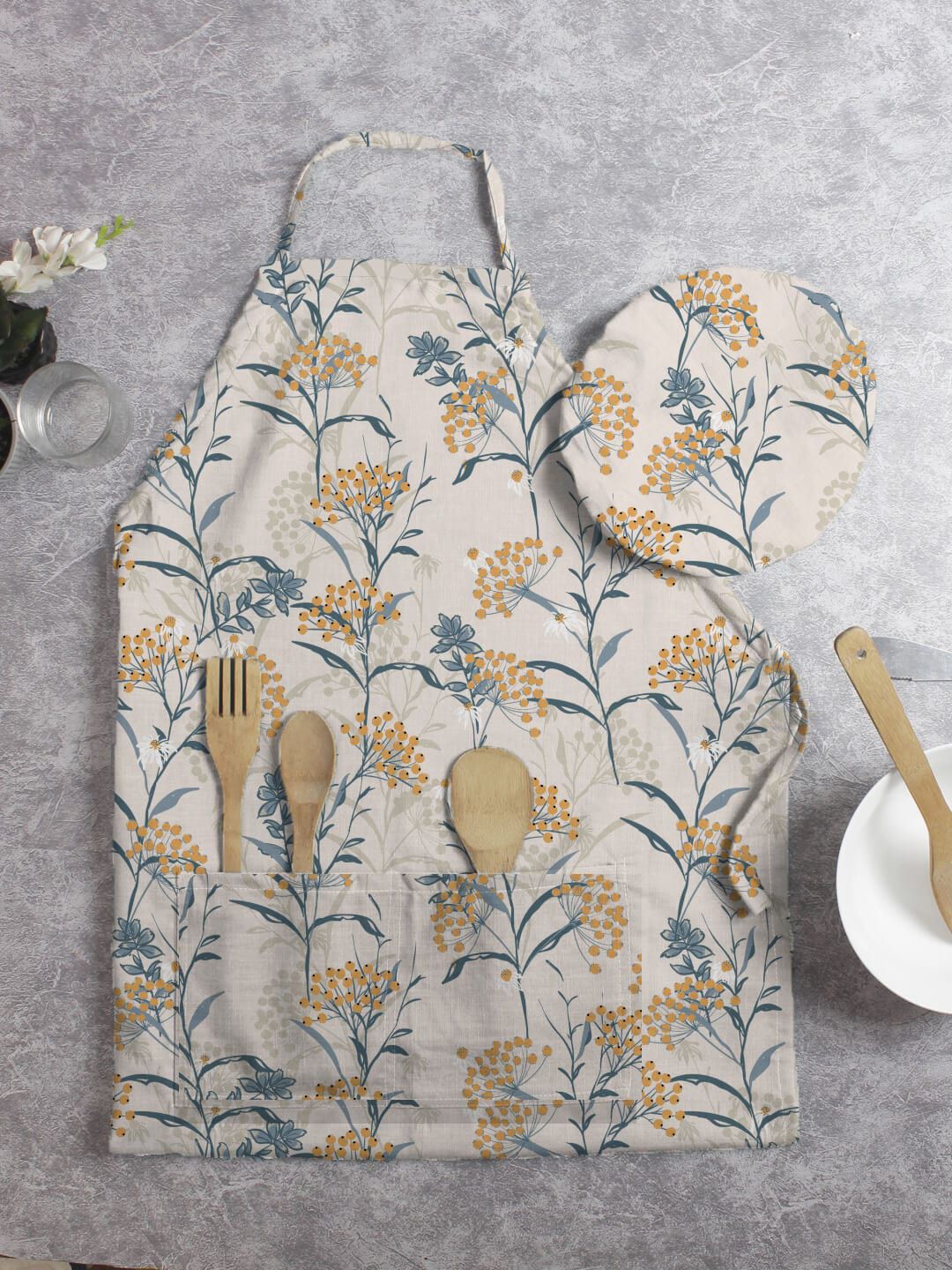 HOUZZCODE Adults Set of 2 Beige & Yellow Printed Apron & Cap Price in India