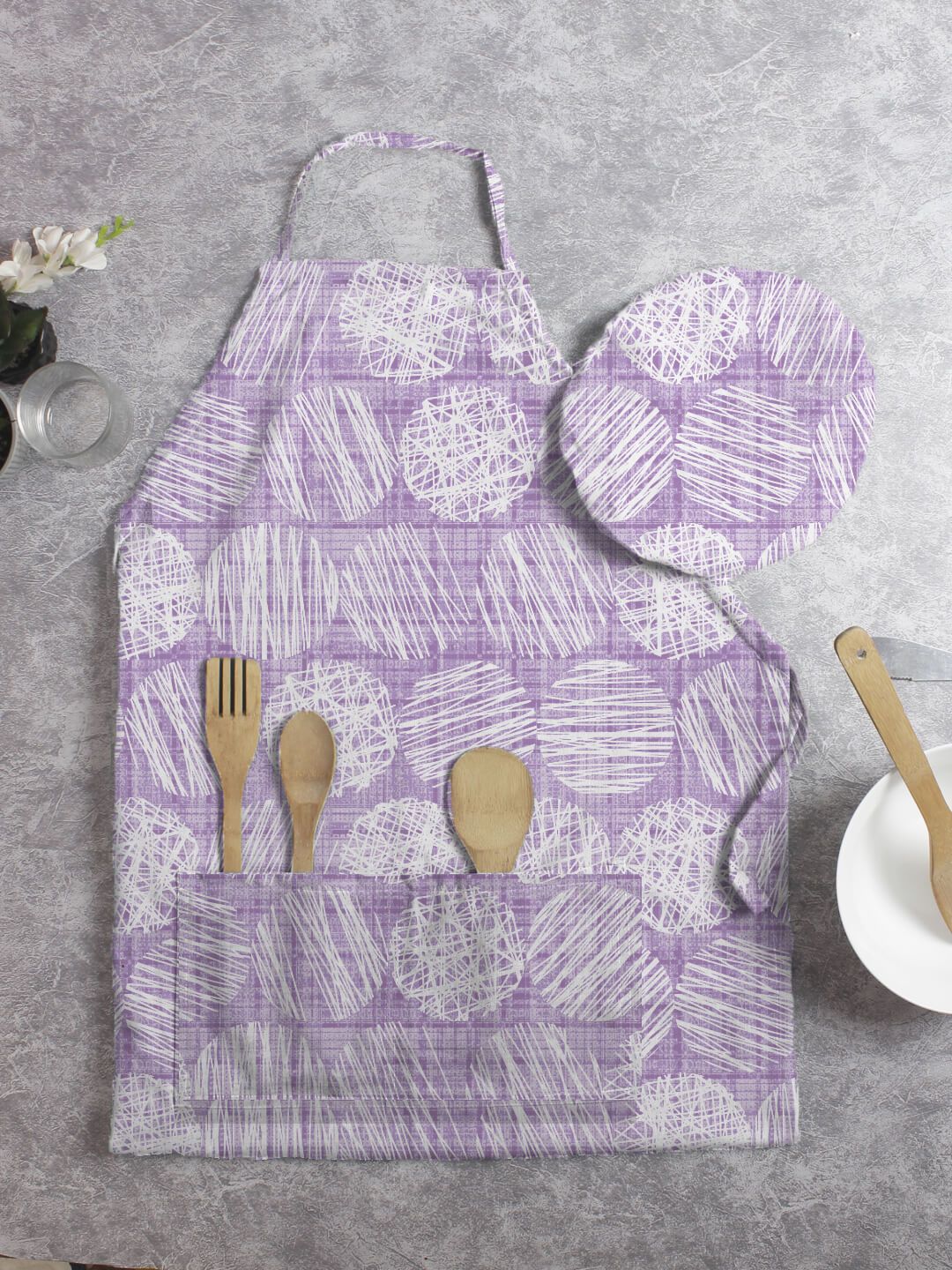 HOUZZCODE Purple & White Printed Apron With Cap Price in India