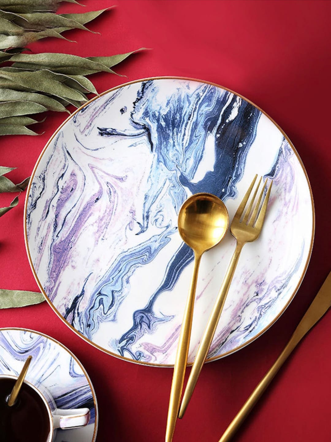 Nestasia White & Blue Painterly Ceramic Dinner Plate Price in India
