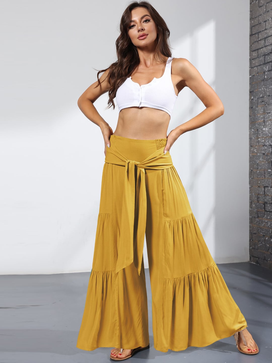 BoStreet Women Mustard Yellow Loose Fit Pleated Trousers Price in India
