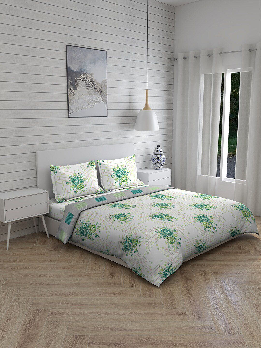 Boutique Living India White & Green Printed Cotton Bedding Set Price in India