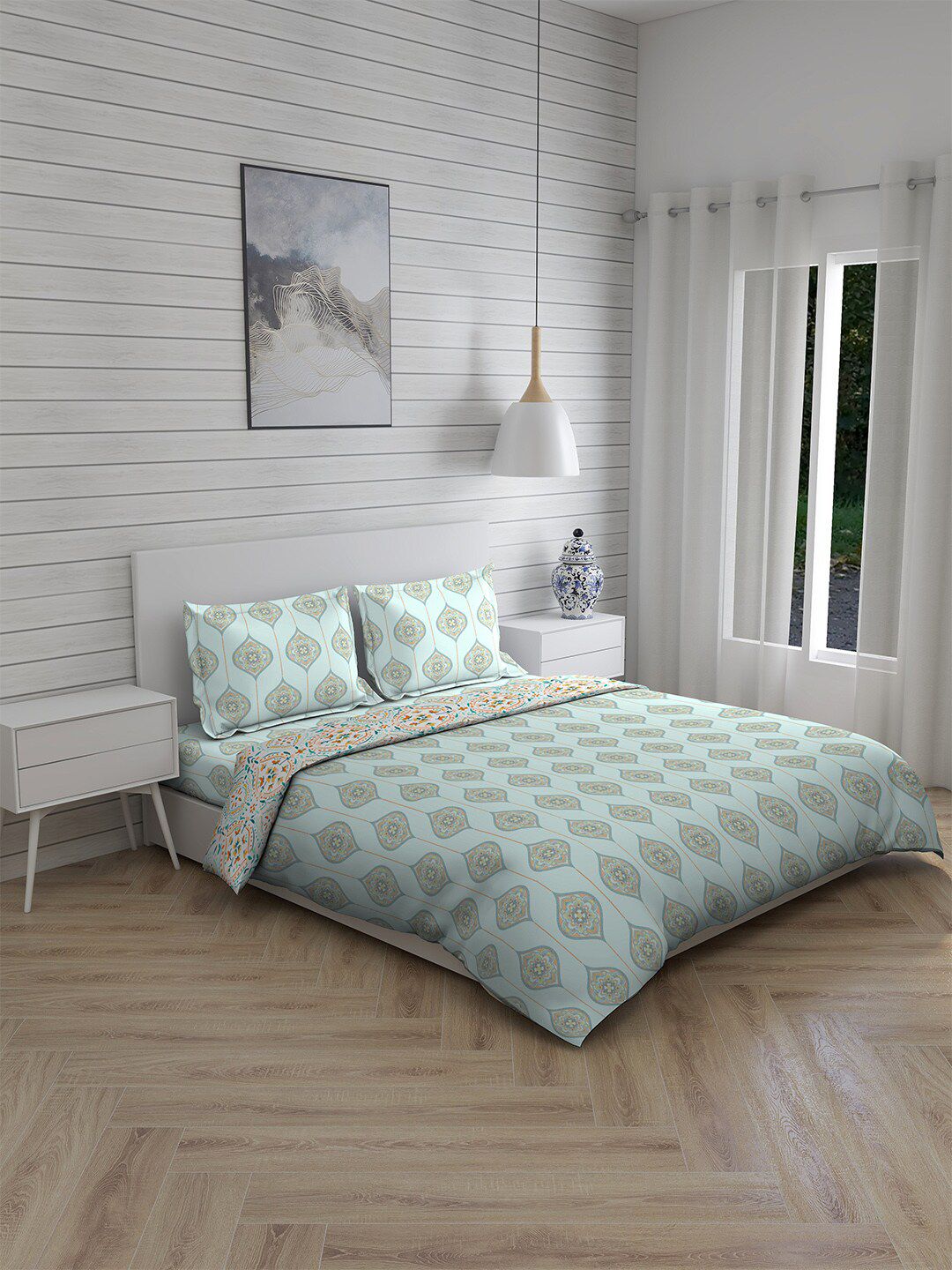 Boutique Living India Blue & Beige Printed Cotton Bedding Set Price in India