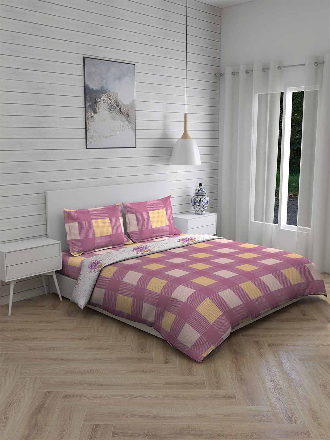 Boutique Living India Pink & Yellow Checked Pure Cotton 225 TC Bedding Set Price in India