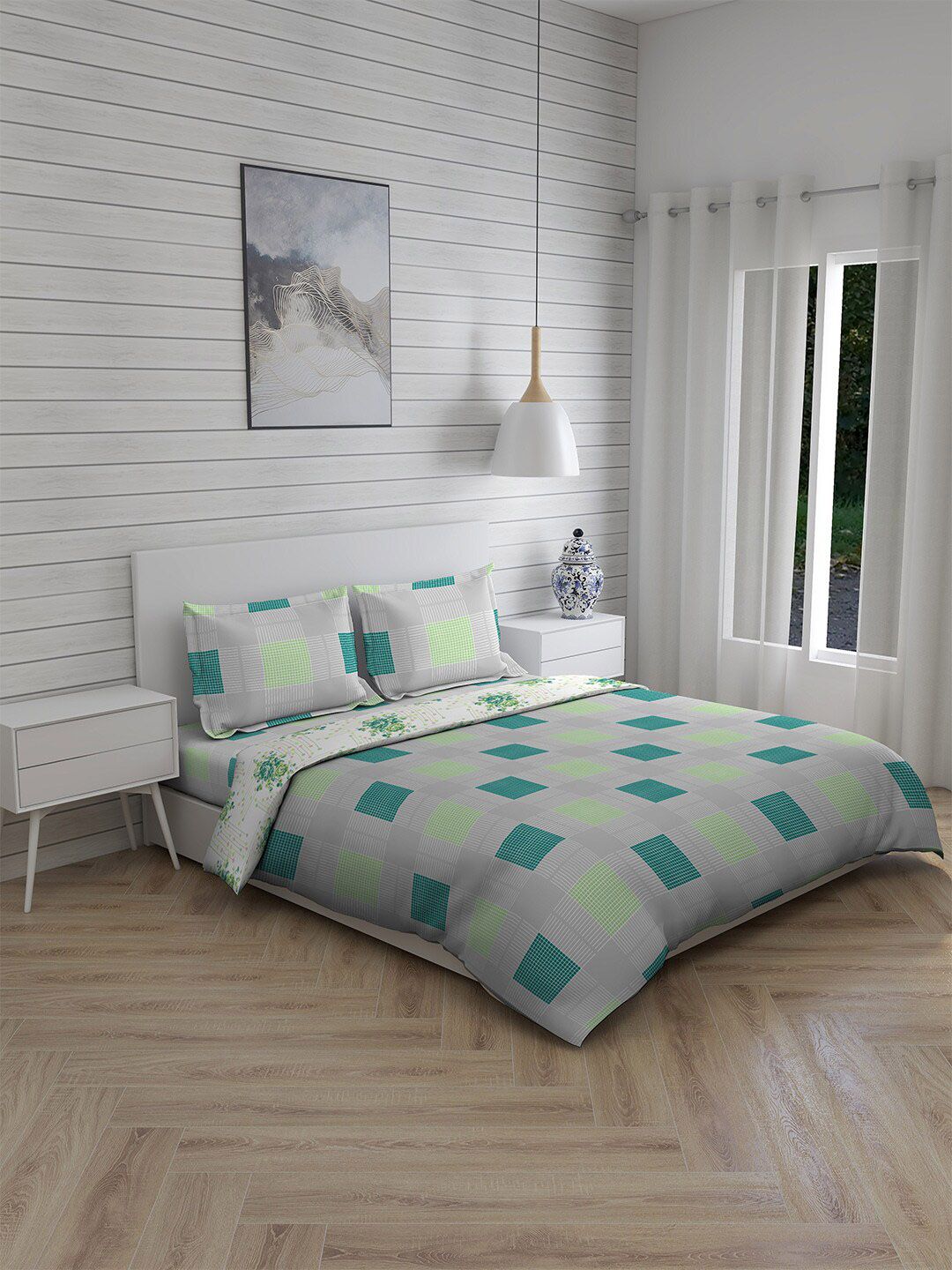 Boutique Living India Grey & Green Printed Pure Cotton 225 TC Bedding Set Price in India
