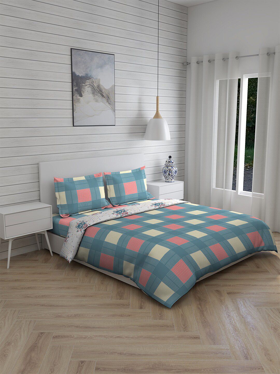 Boutique Living India Blue Printed Cotton Double King 225 TC Bedding Set Price in India