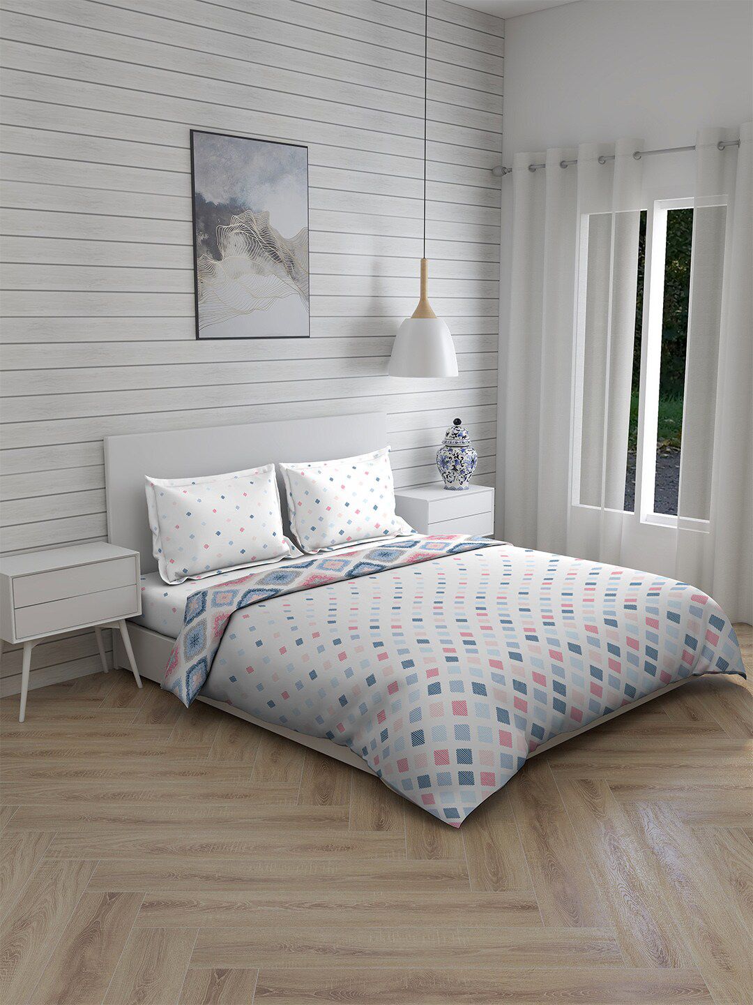 Boutique Living India Blue Printed Cotton Double King Bedding Set Price in India