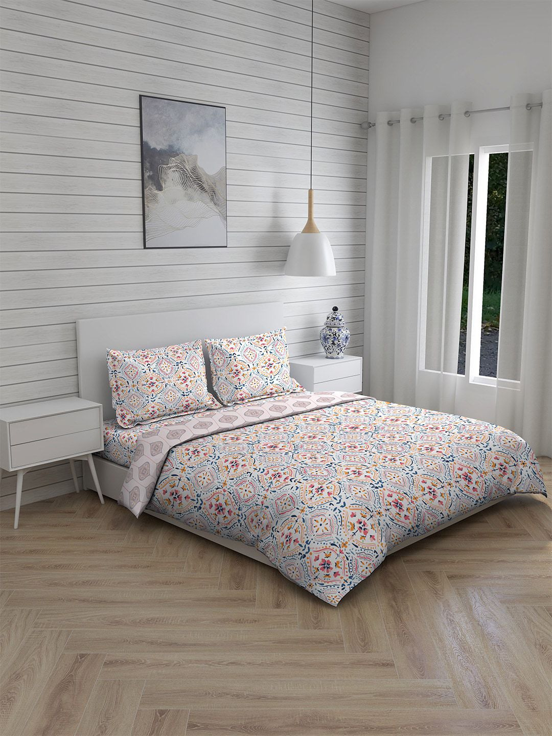 Boutique Living India Blue Printed Cotton Double King 225 TC Bedding Set Price in India