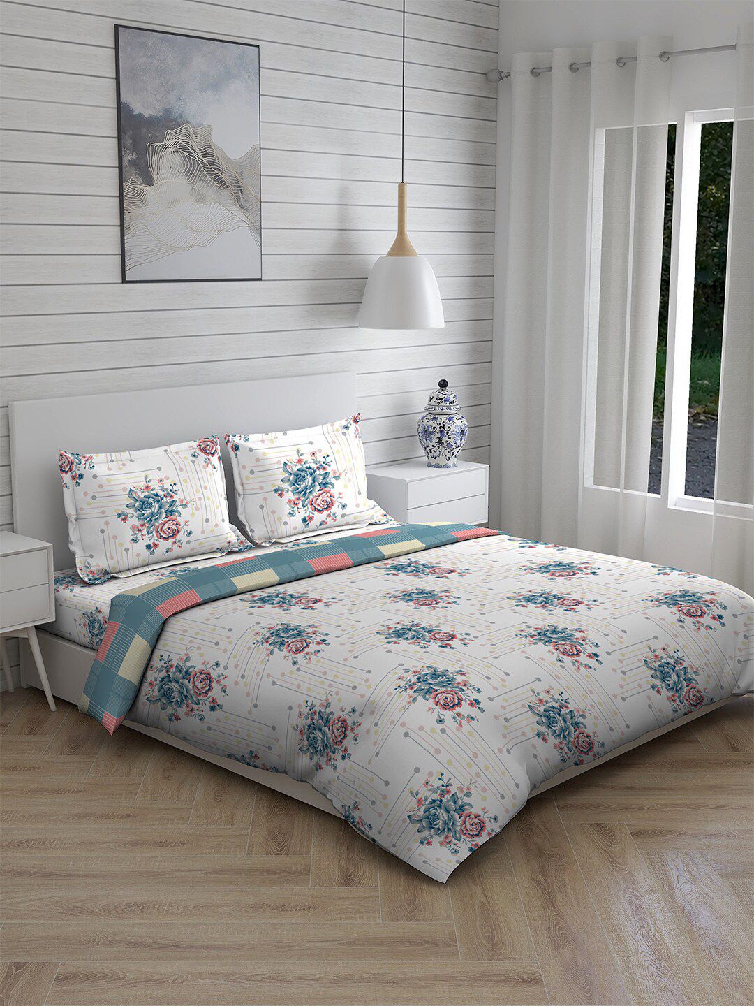 Boutique Living India Blue Printed 225 TC Pure Cotton King Size Bedding Set With Comforter & 2 Pillow Covers Price in India
