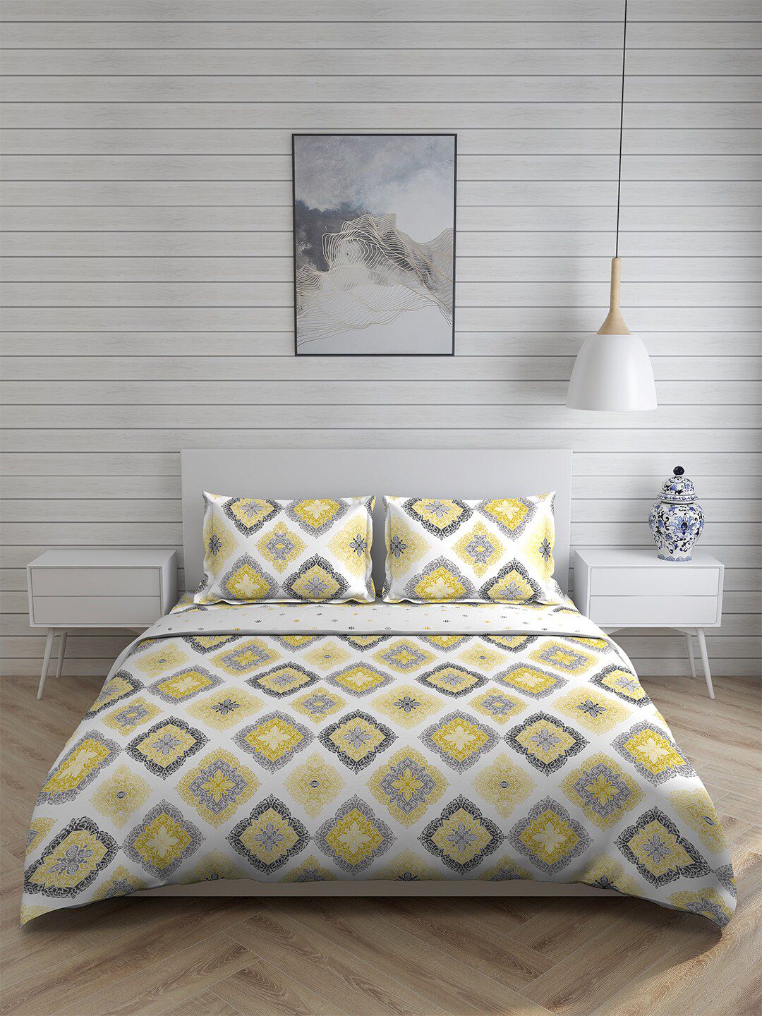 Boutique Living India Yellow & Grey Printed Pure Cotton 225 TC Bedding Set Price in India