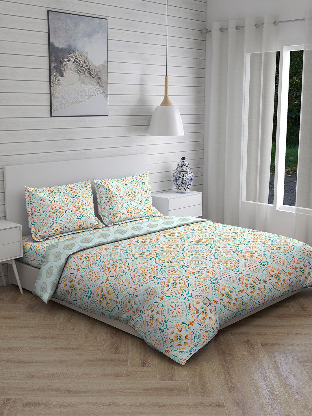 Boutique Living India Blue Printed 250 TC Pure Cotton Double King Bedding Set Price in India
