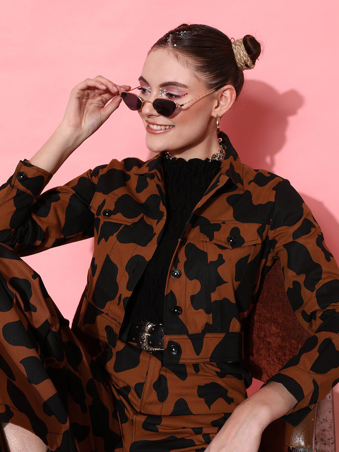 STREET 9 Women Brown & Black Camouflage Printed Crop Open Front Jacket Price in India