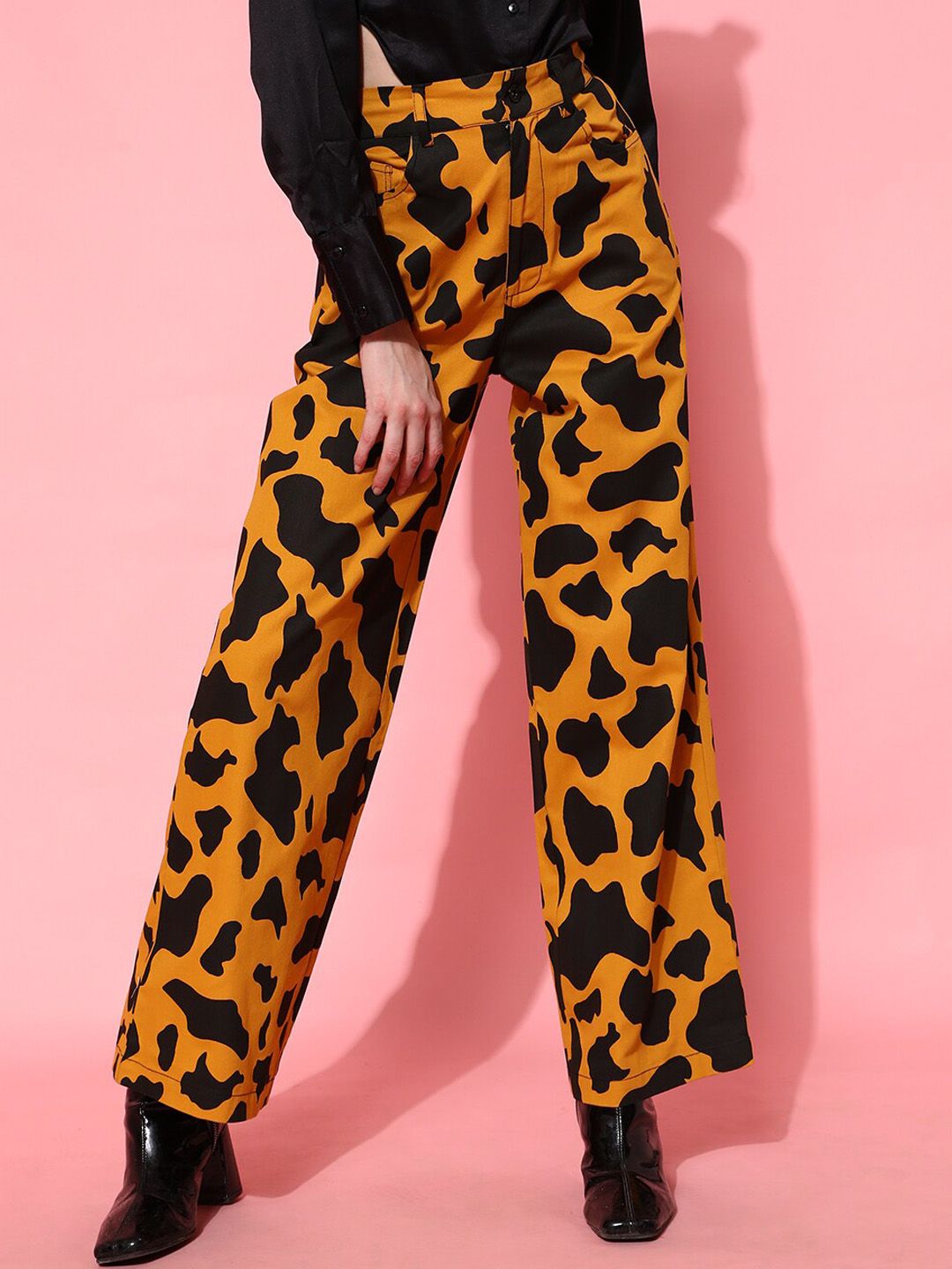 STREET 9 Women Mustard Yellow Animal Printed Smart Loose Fit High-Rise Trousers Price in India