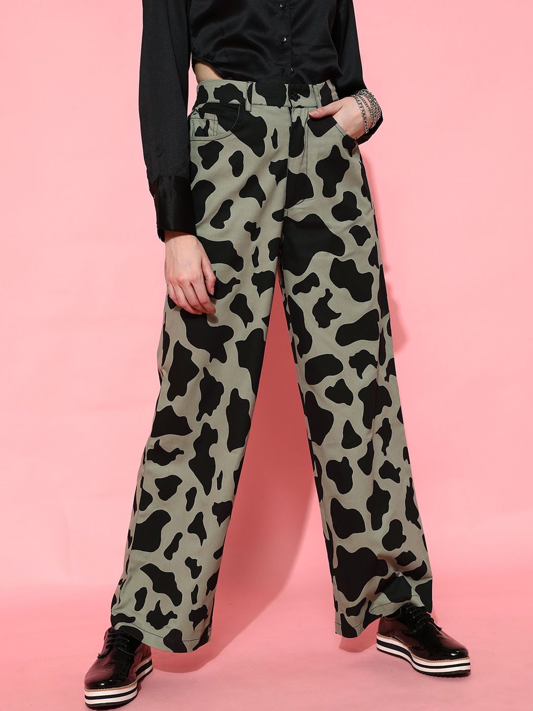 STREET 9 Women Green Animal Printed Smart Loose Fit High-Rise Trousers Price in India