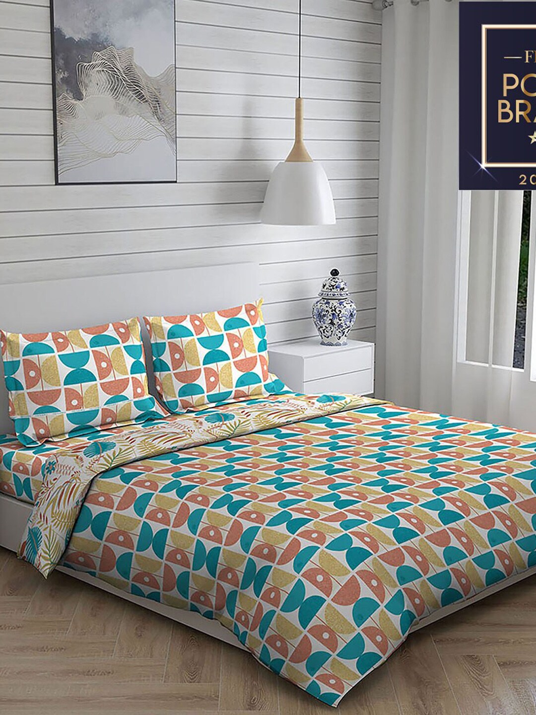 Layers Multi Coloured Geometric Printed Double King Bedding Set Price in India