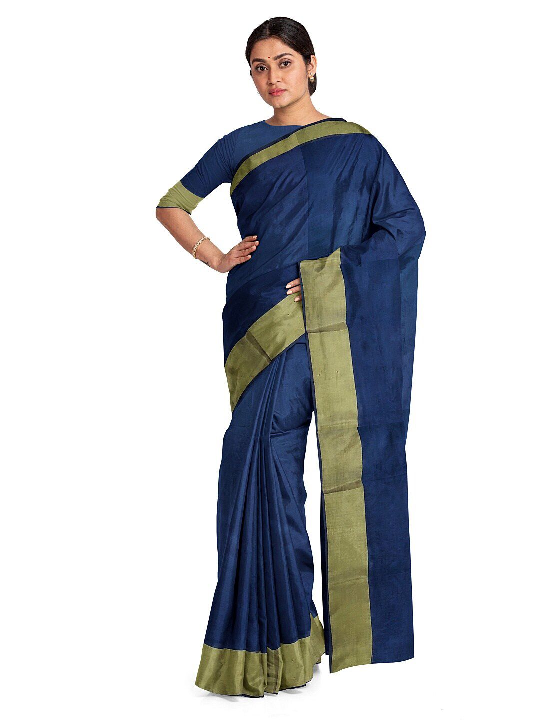 KALINI Navy Blue & Gold-Toned Silk Cotton Ready to Wear Sungudi Saree Price in India