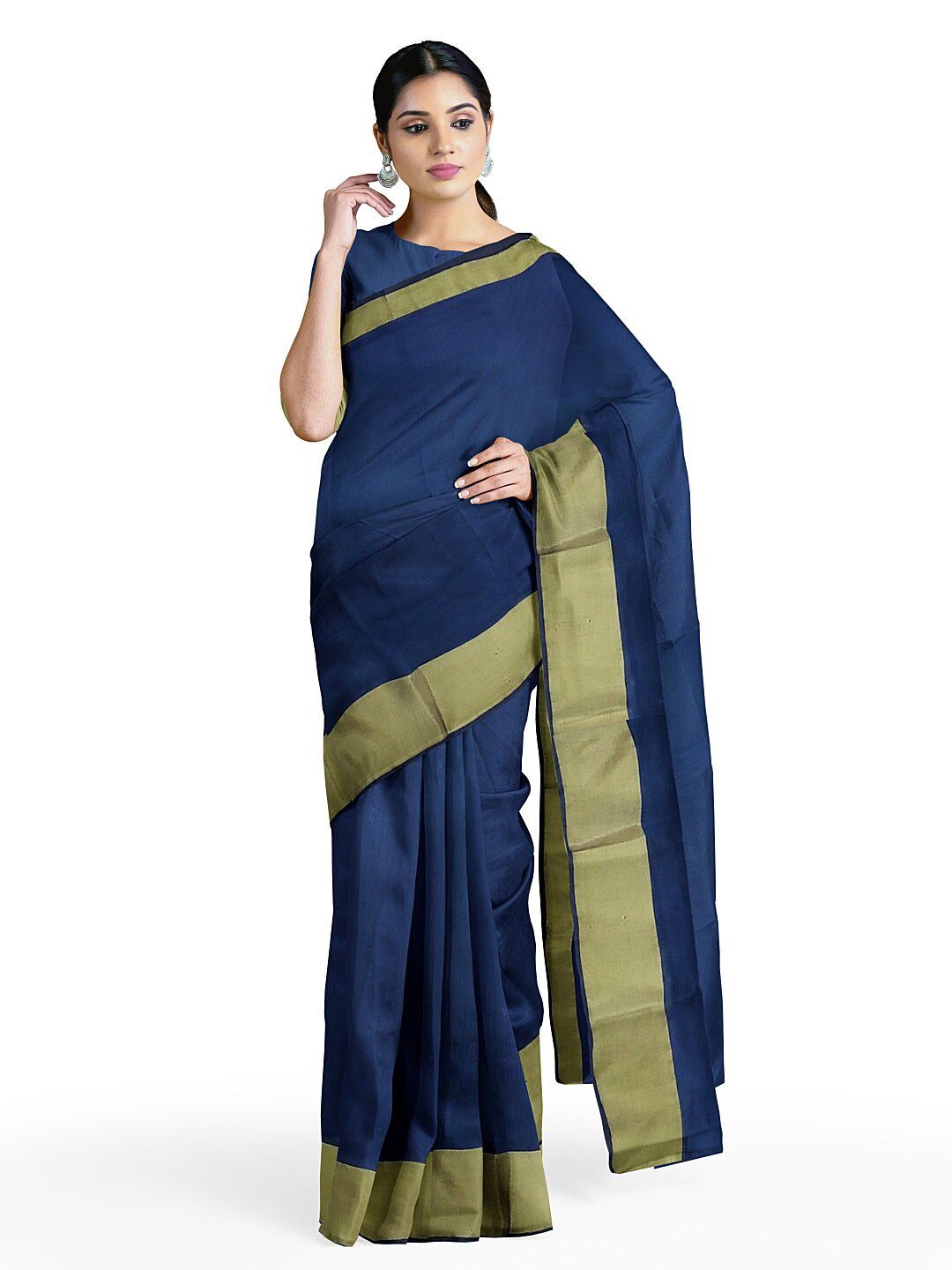 KALINI Navy Blue & Gold-Toned Silk Cotton Ready to Wear Sungudi Saree Price in India