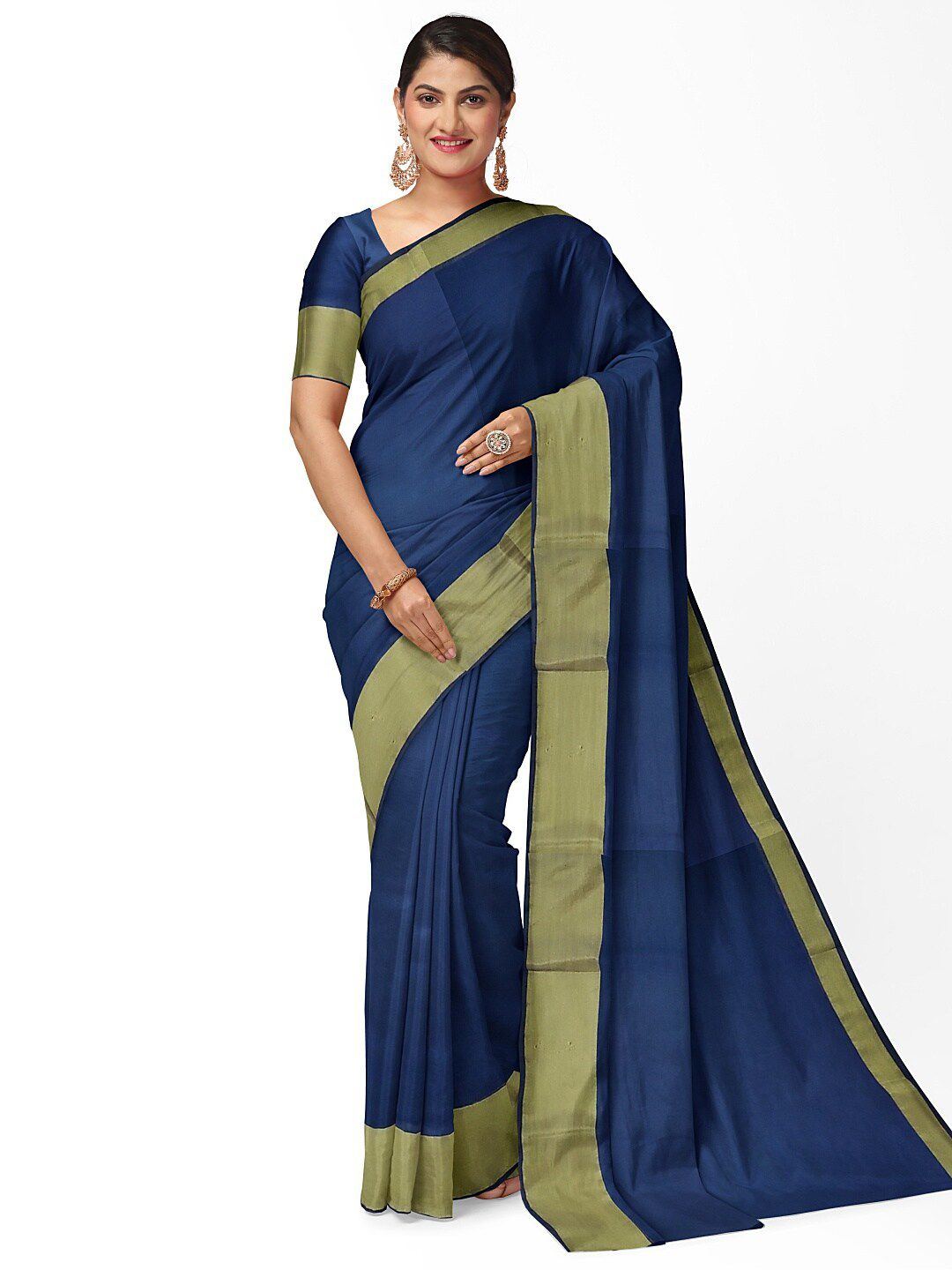 KALINI Navy Blue & Gold-Toned Zari Silk Cotton Ready to Wear Sungudi Saree Price in India