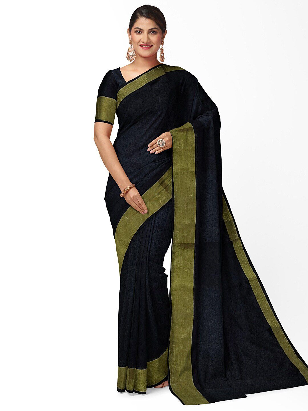 KALINI Black & Gold-Toned Zari Silk Cotton Ready to Wear Sungudi Saree Price in India