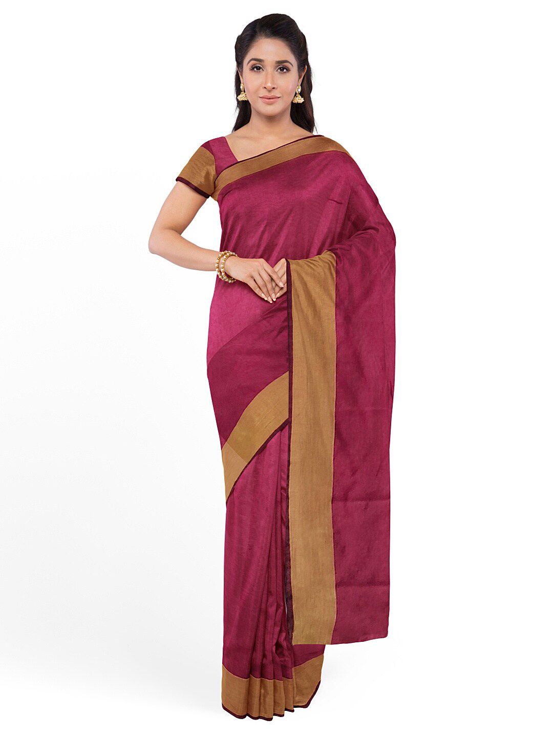 KALINI Maroon & Gold-Toned Silk Cotton Sungudi Saree With Un-Stitched Blouse Price in India