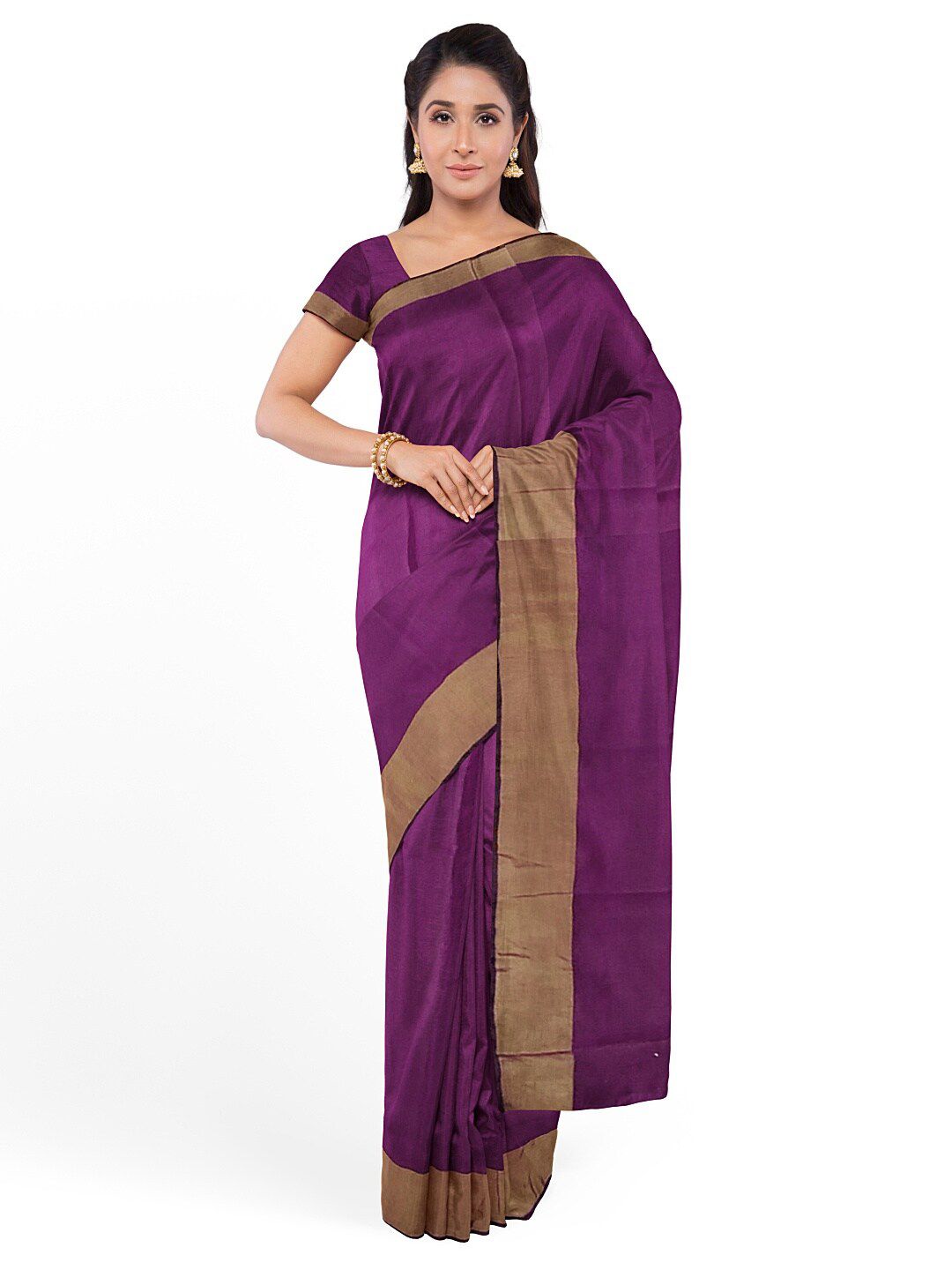 KALINI Burgundy & Gold-Toned Silk Cotton Ready to Wear Sungudi Saree Price in India
