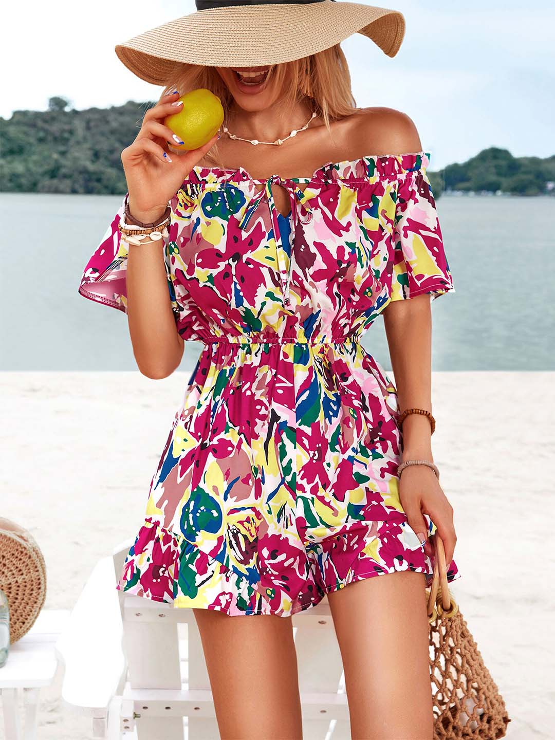 BoStreet Pink & Yellow Off-Shoulder Printed Jumpsuit Price in India