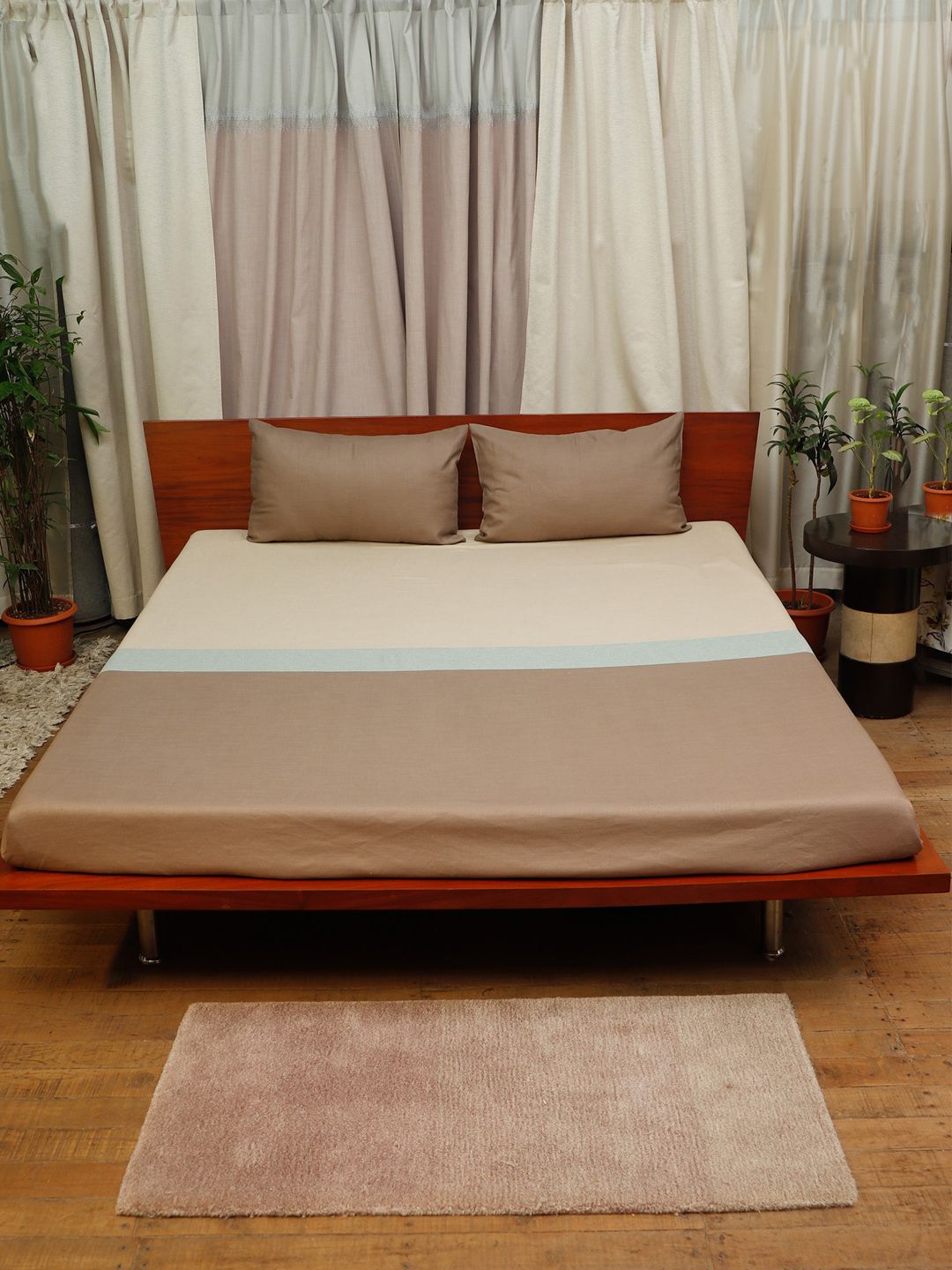 ZEBA Beige & Brown Solid Double Bed Cover With 2 Pillow Covers Price in India
