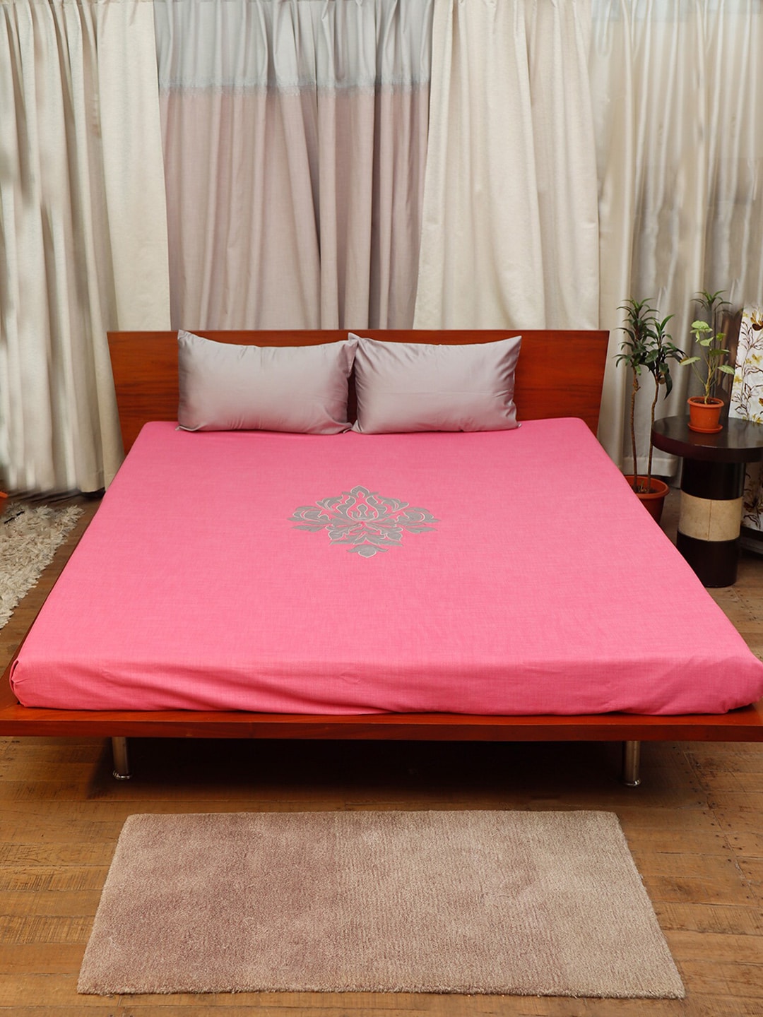 ZEBA Pink & Grey Embroidered Double King Bed Cover With 2 Pillow Covers Price in India