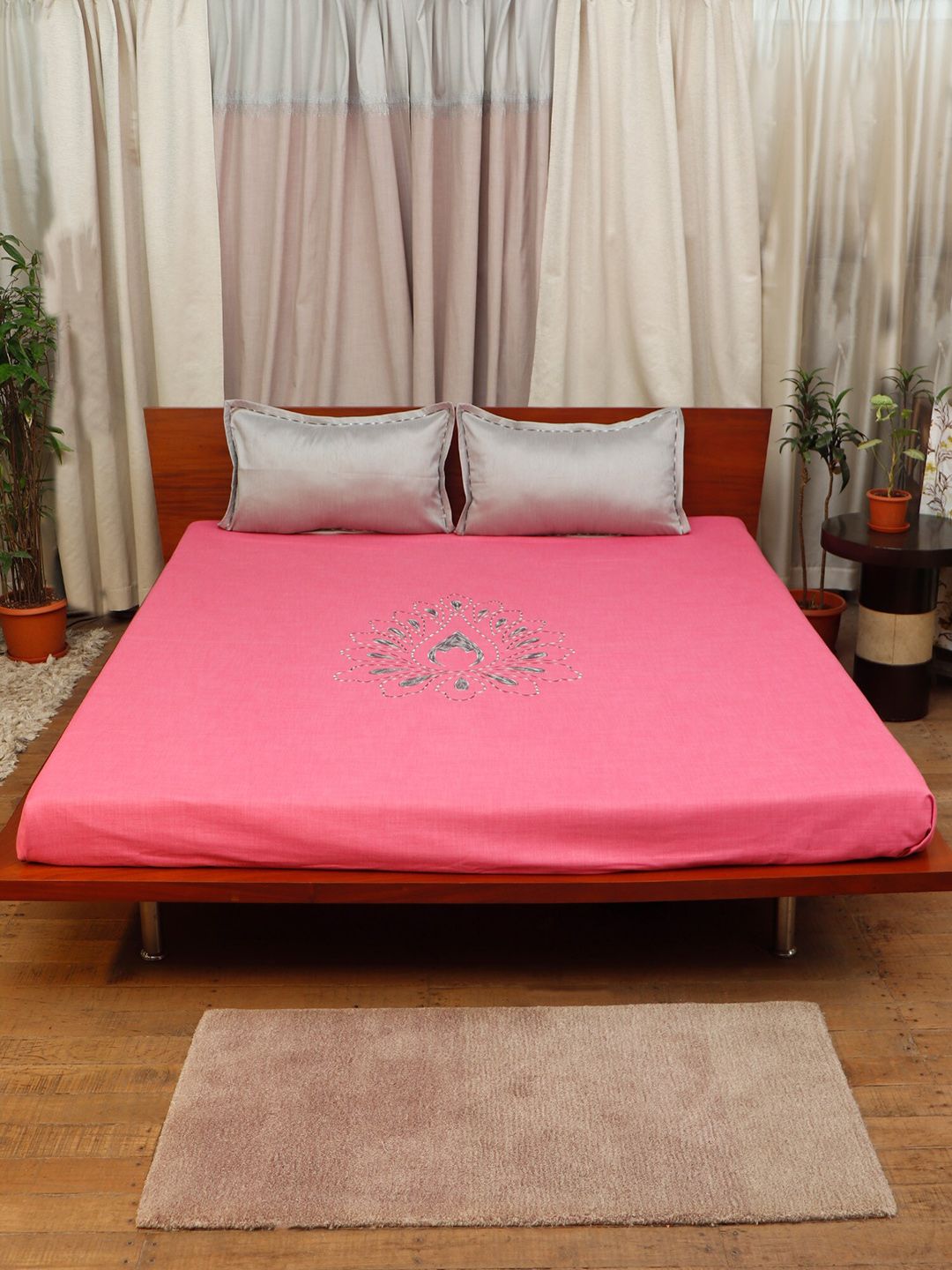 ZEBA Pink & Grey Embroidered Double King Bed Cover With 2 Pillow Covers Price in India