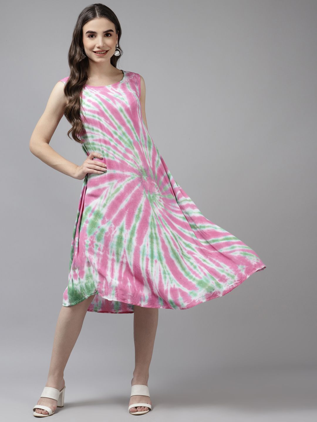 Prakrti White & Pink Tie and Dye A-Line Midi Dress Price in India