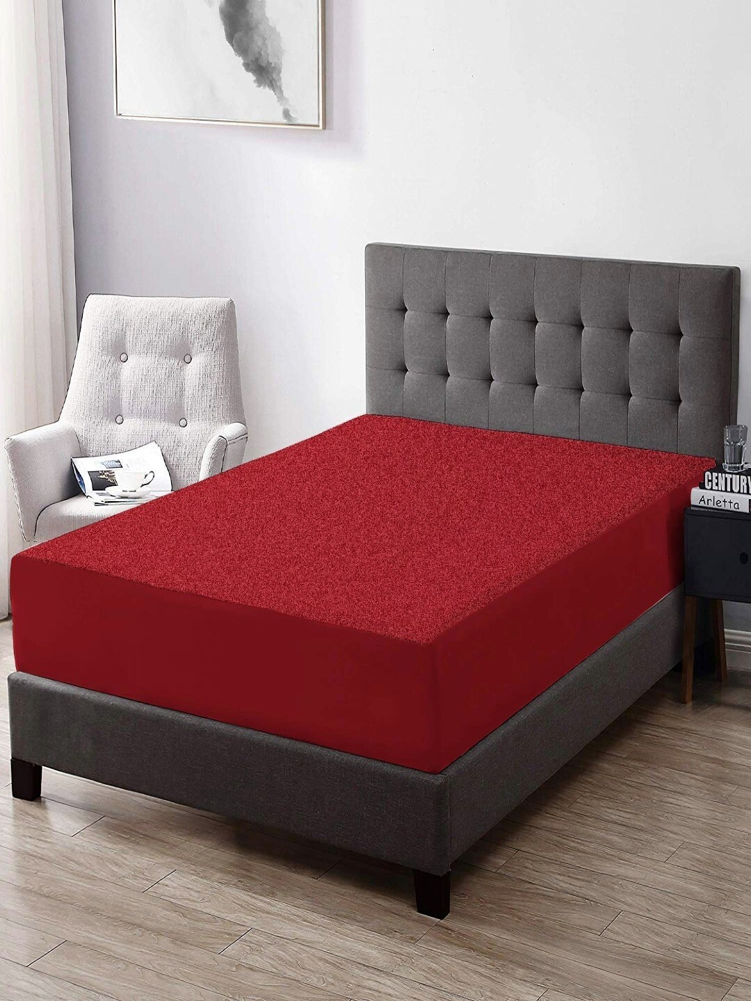 Trance Home Linen Maroon Single Elasticated Fitted Cotton Waterproof Mattress Protector Price in India