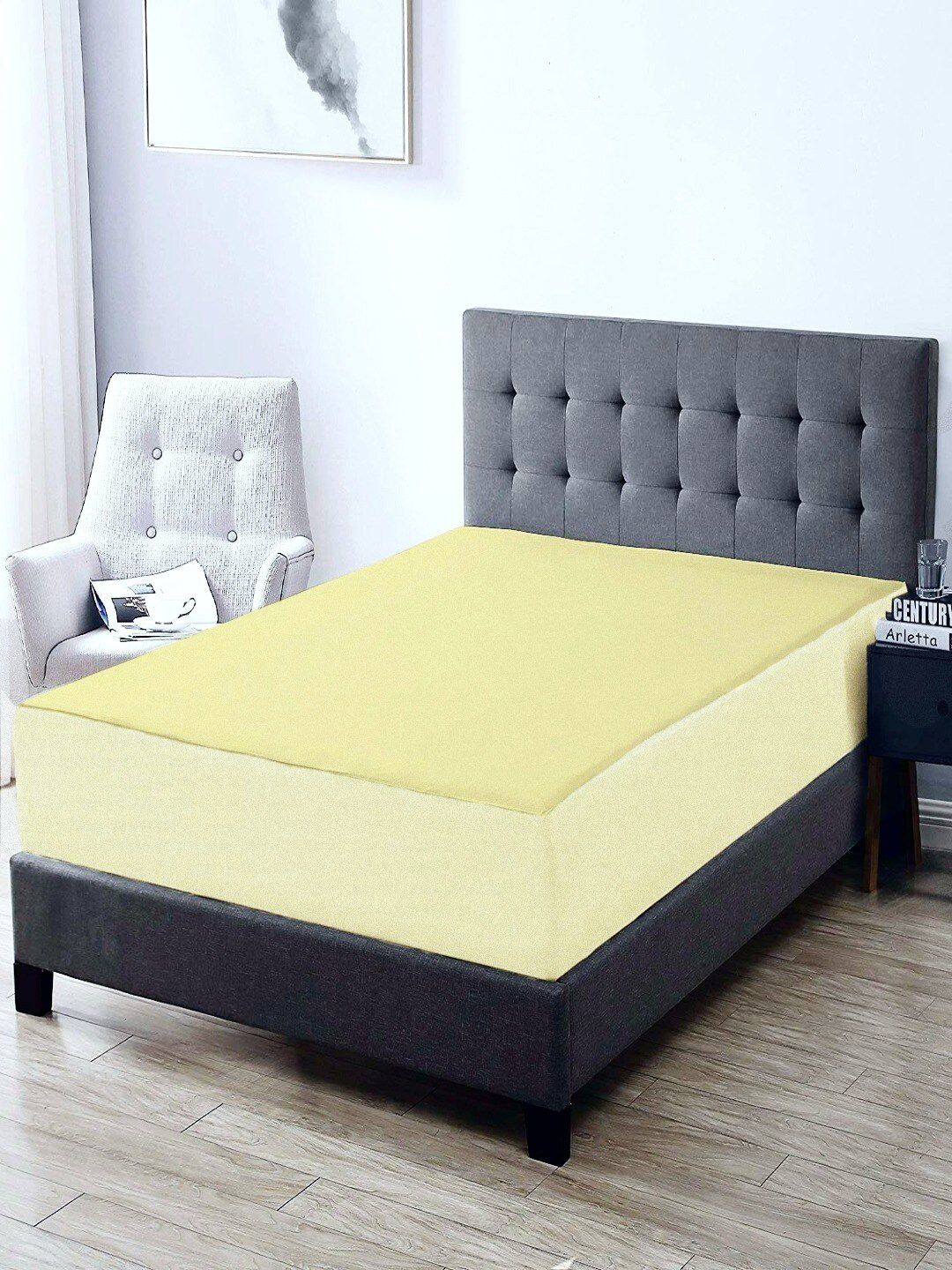 Trance Home Linen Yellow Single Size Bed Elasticated Fitted Waterproof Mattress Protector Price in India