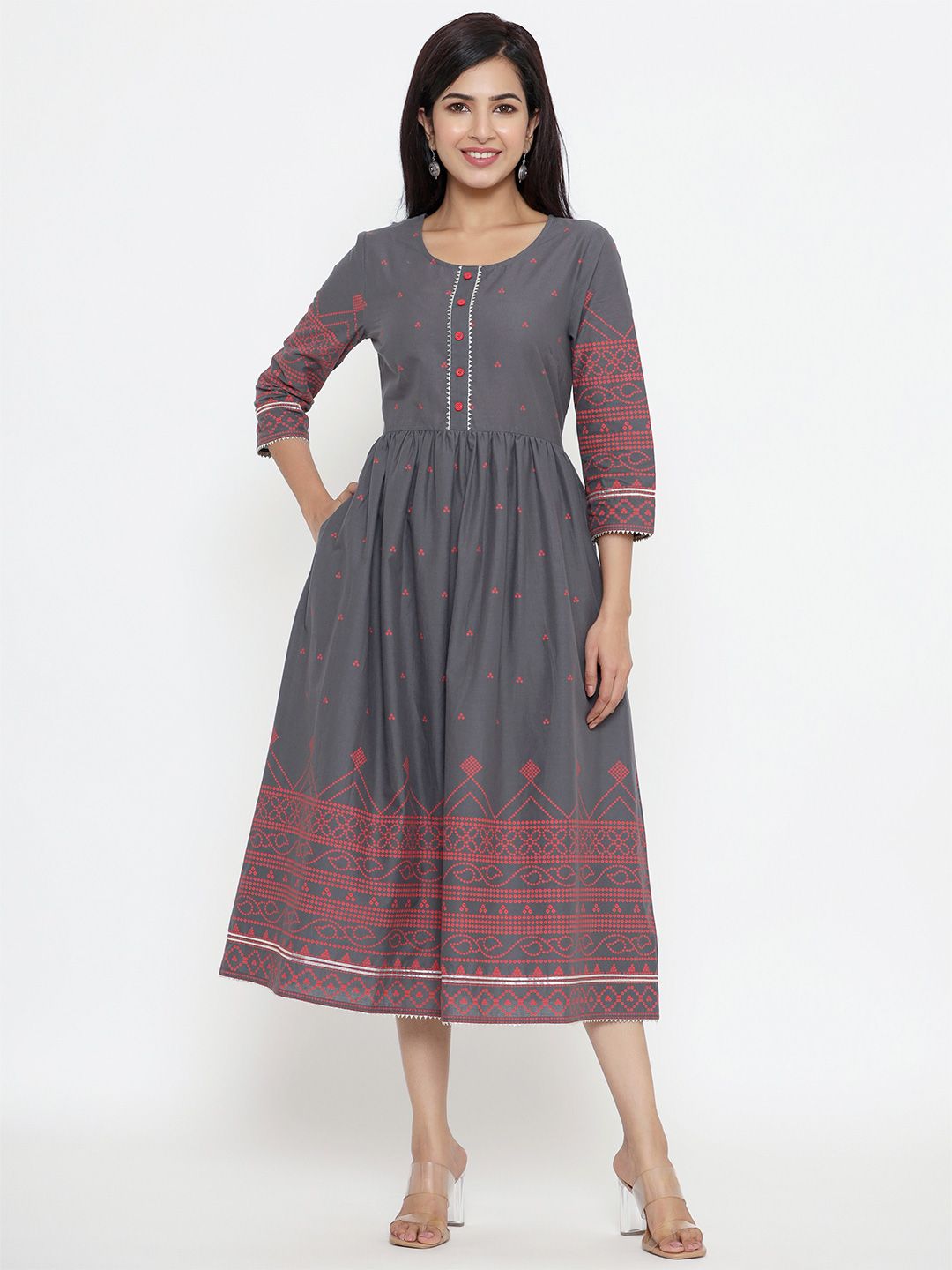 Sutidora Women Grey Ethnic Motifs Midi Dress Price in India