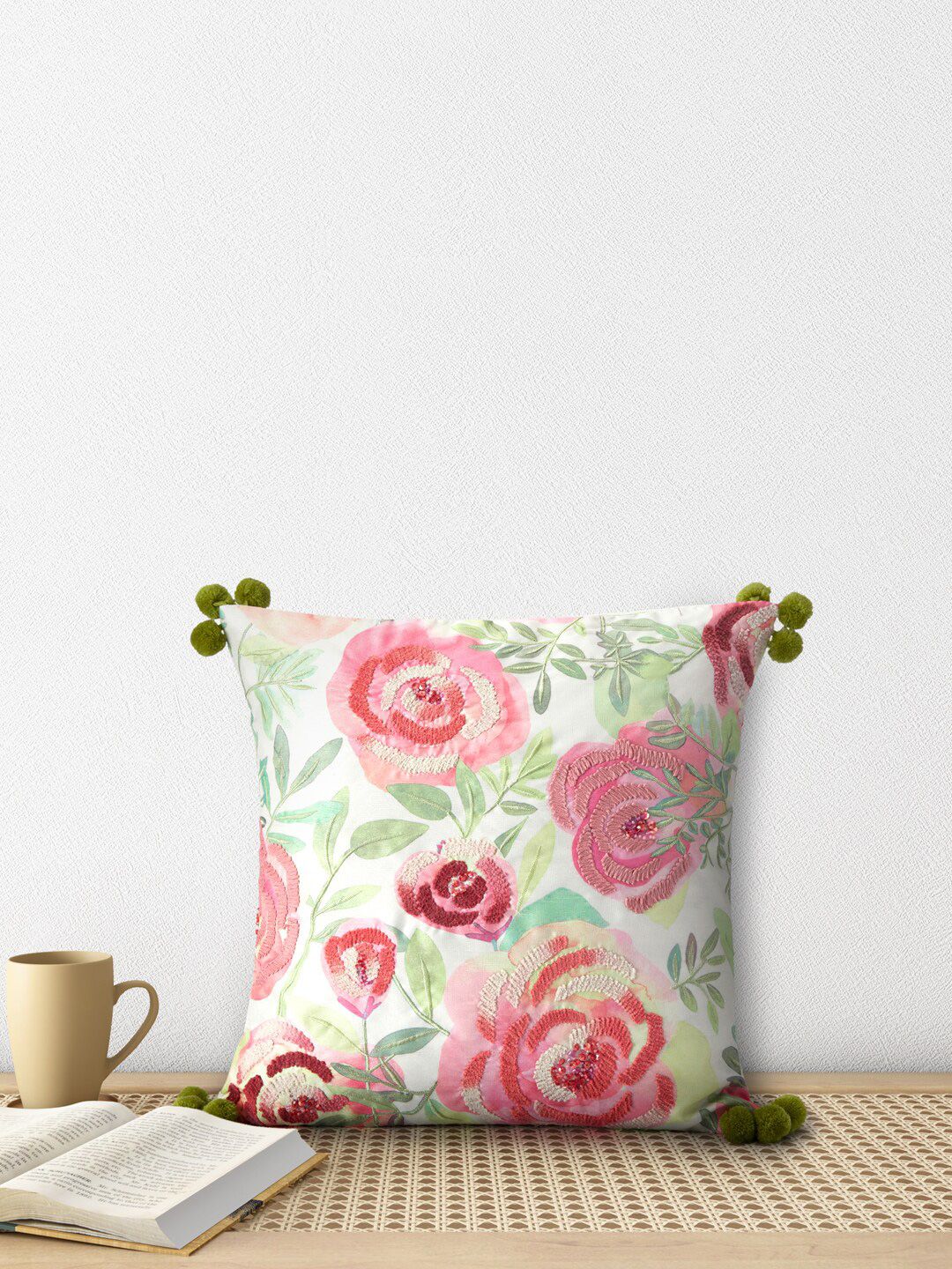Living scapes by Pantaloons Pink & Off White Floral Square Cushion Covers Price in India