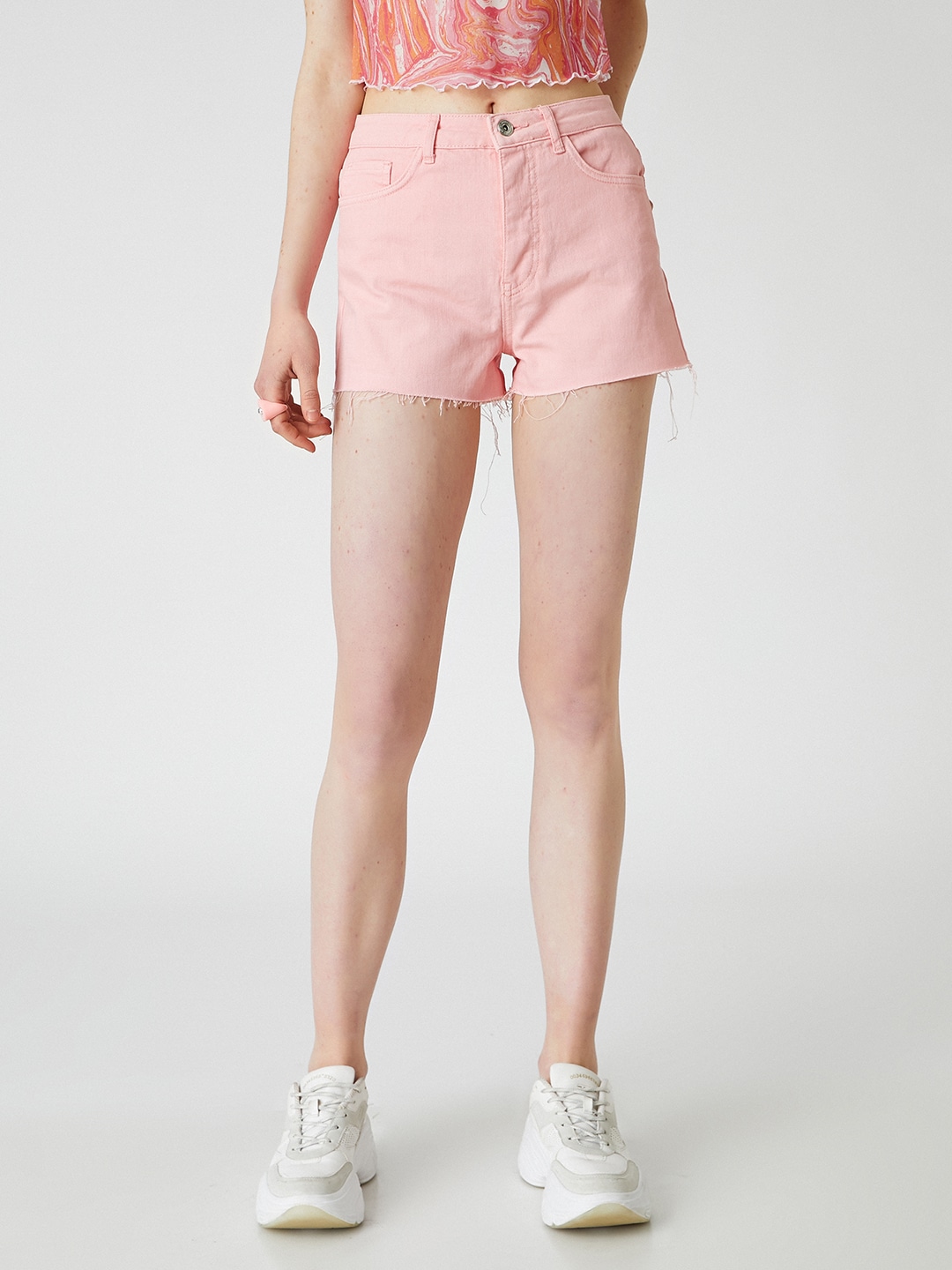 Koton Women Pink Pure Cotton High-Rise Denim Shorts Price in India