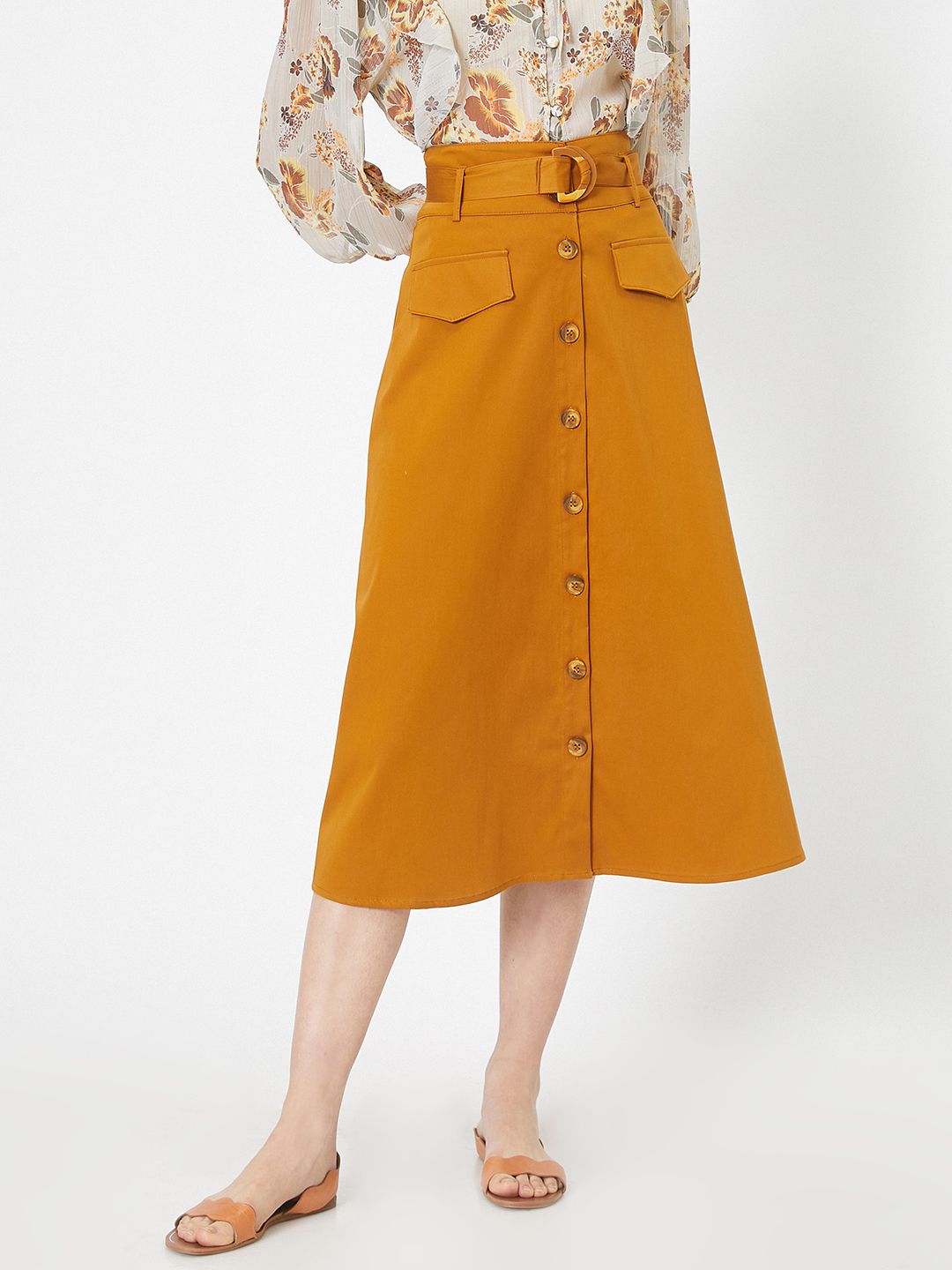 Koton Mustard Yellow High Waist Belted Button Detailed Midi Skirt Price in India