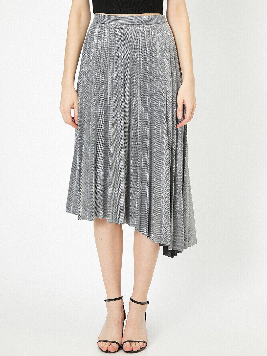 Koton Women Silver Shimmer Pleated Flared Midi Skirt Price in India