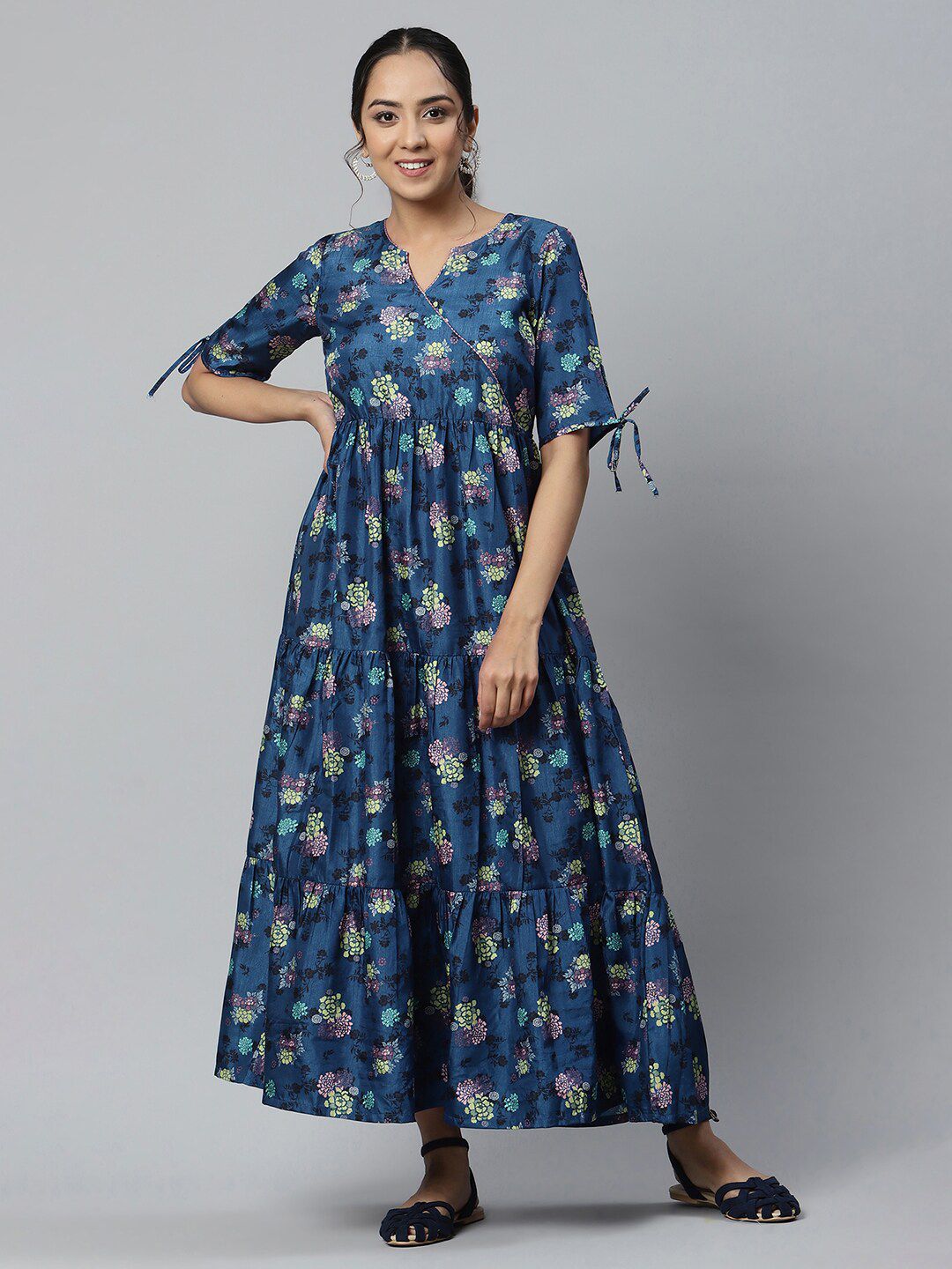 AURELIA Women Blue  Floral Satin Maxi Dress Price in India