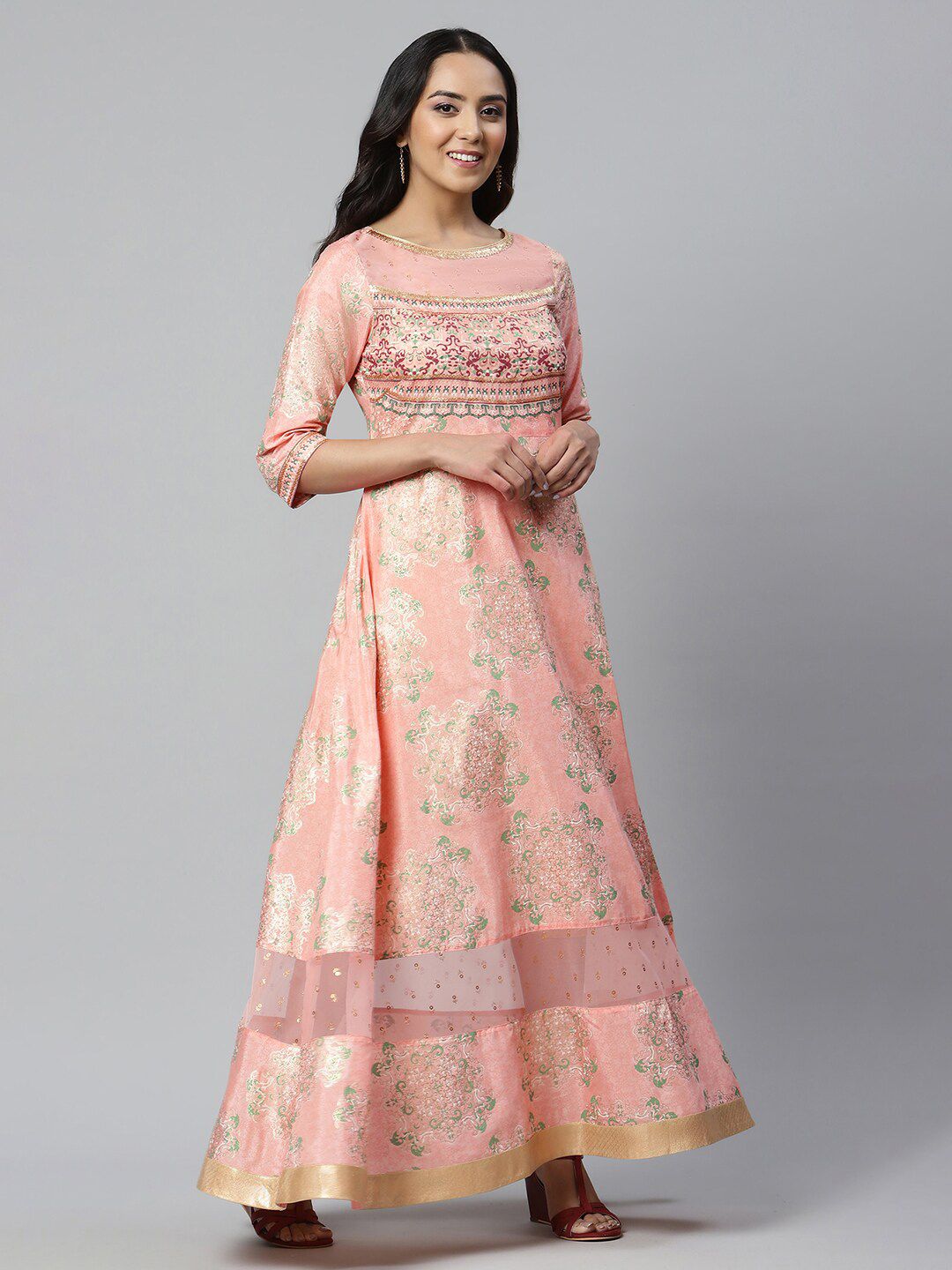 AURELIA Pink Ethnic Motifs Satin Maxi Dress Price in India